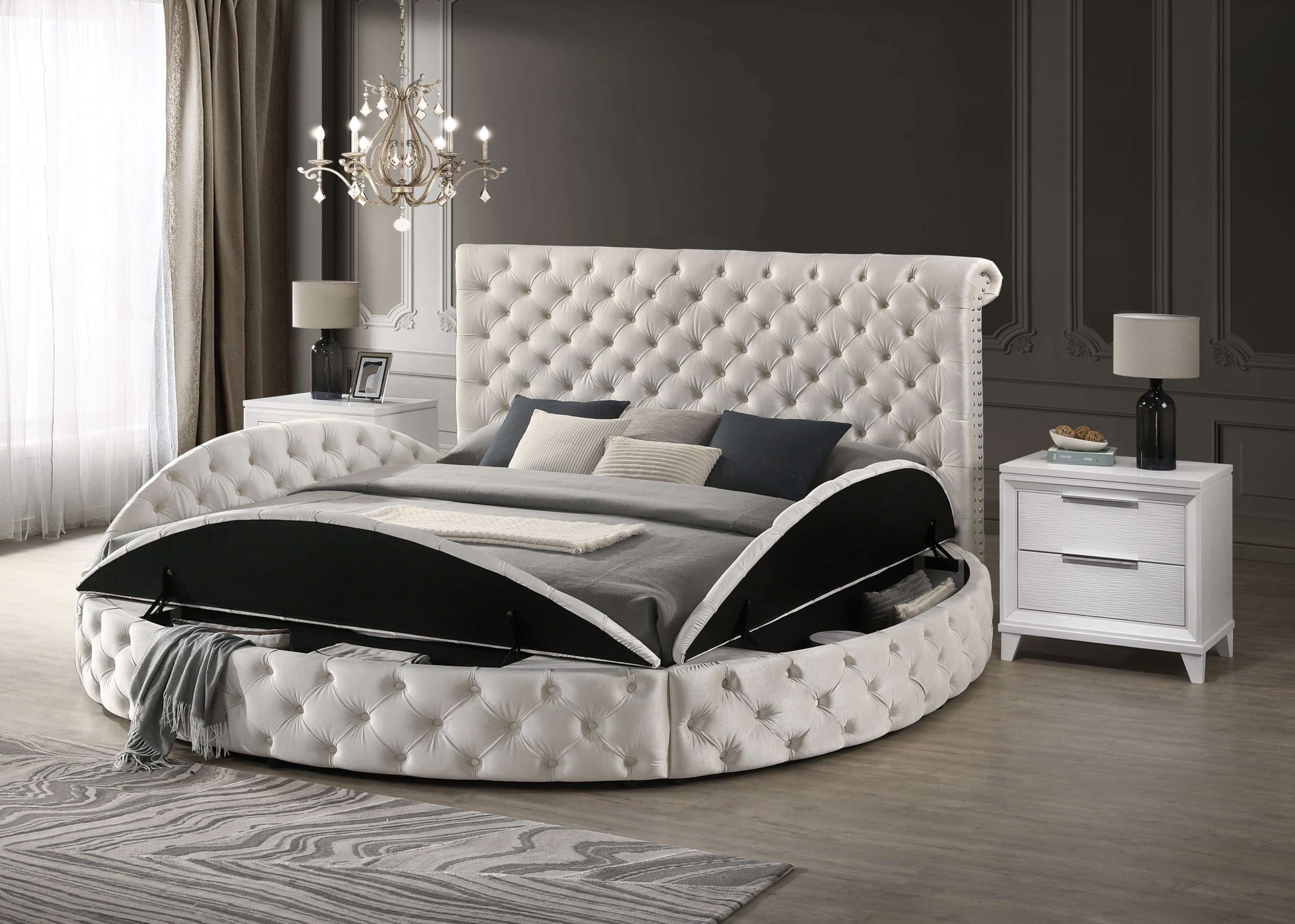 Unique Round Plush Ivory Velvet Button-Tufted Detailing Storage Bed Queen Size White 2x Nightstands Wooden Bedroom Furniture 3pc Set
