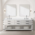 White Oak Double Bath Vanity 84 in. W x 22 in. D, White Quartz Top, Faucet Set, and 36 in. Mirrors