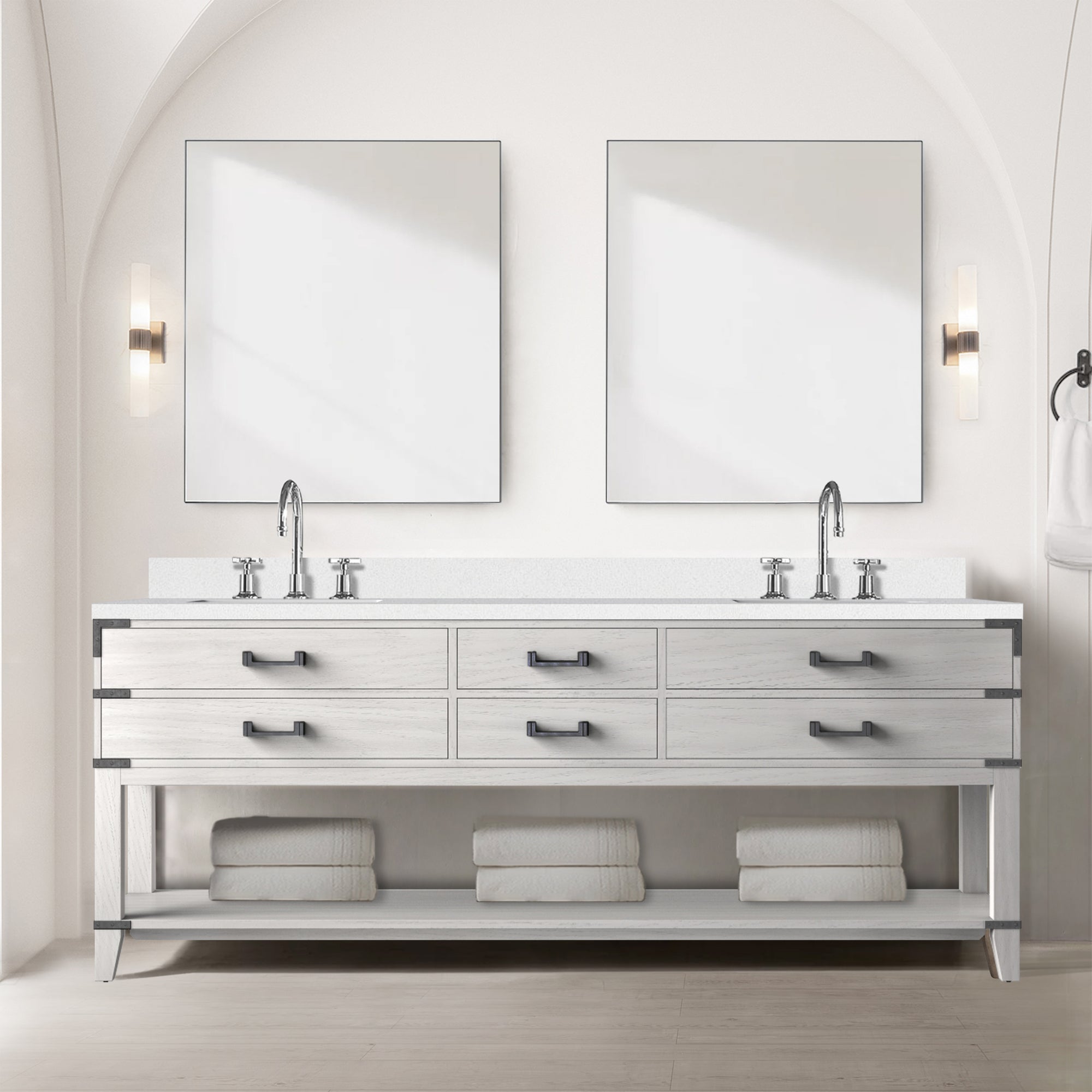 White Oak Double Bath Vanity 84 in. W x 22 in. D, White Quartz Top, Faucet Set, and 36 in. Mirrors