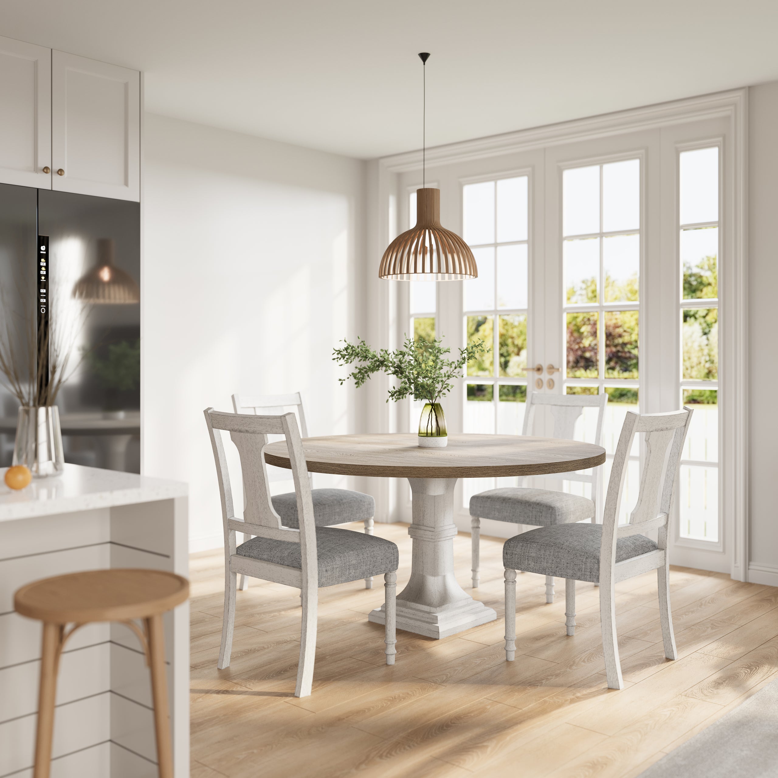 Tannen 59'W Round White and Gray 5-Pc Dining Table Set