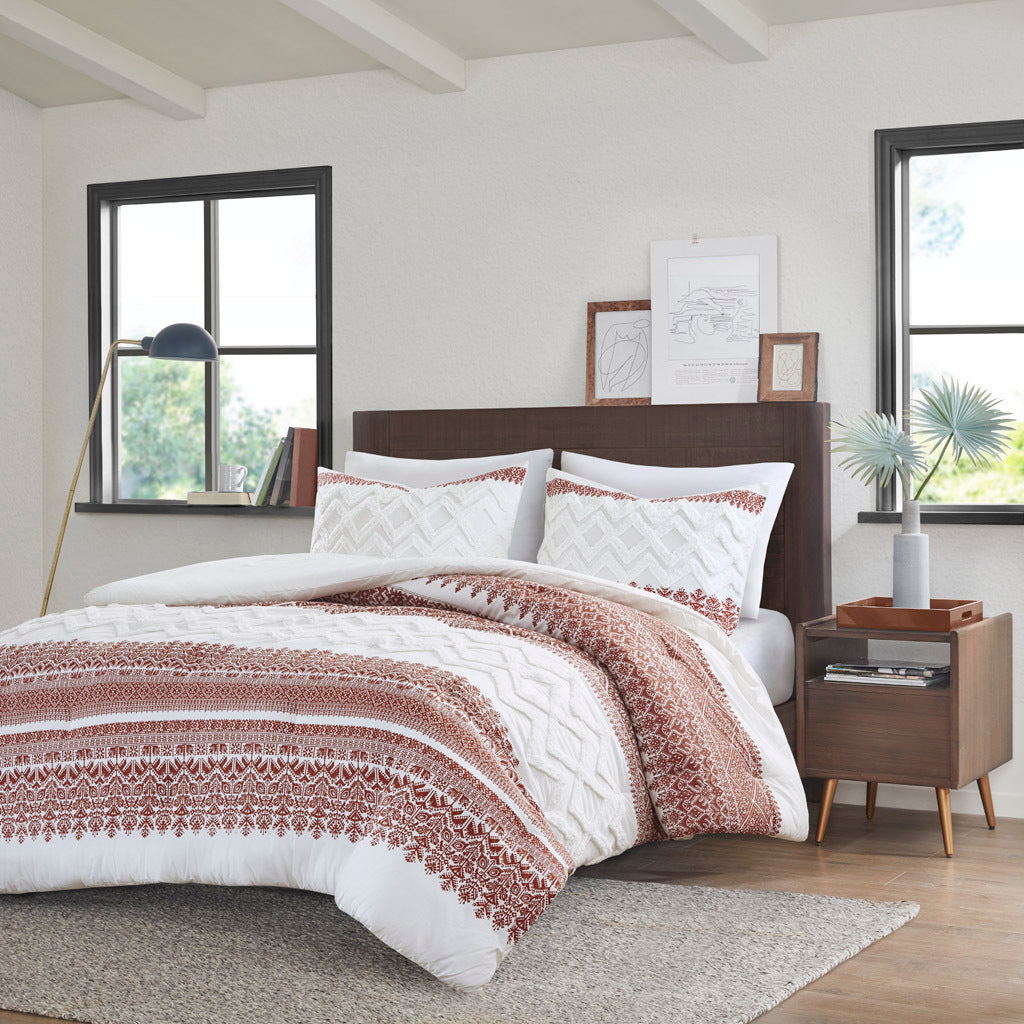 3 Piece Cotton Comforter Set with Chenille Tufting Auburn Full/Queen