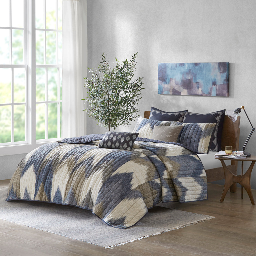 3 Piece Printed Cotton Quilt Set Navy King/Cal King