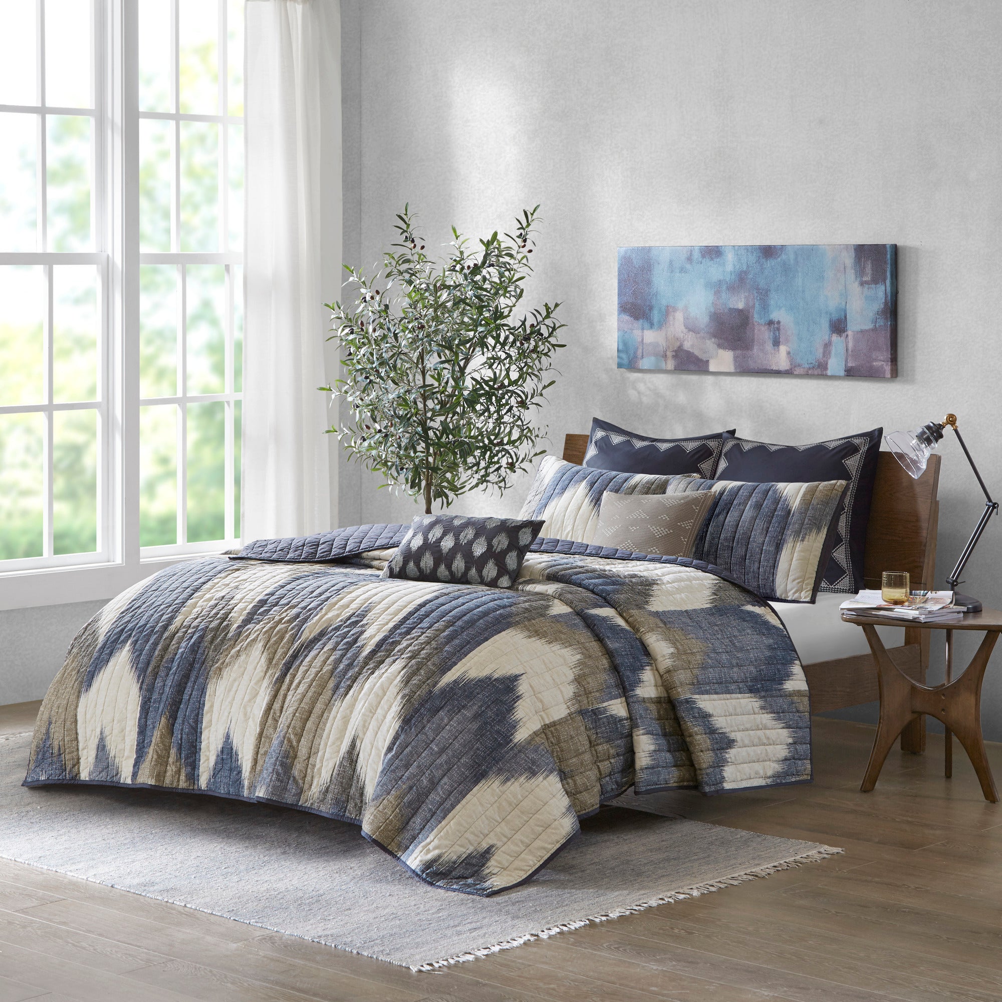 3 Piece Printed Cotton Quilt Set Navy King/Cal King