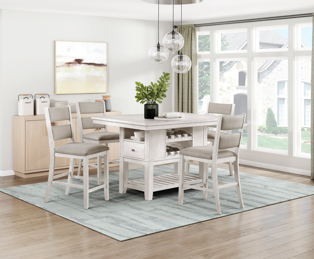 5pc Counter Height Dining Set Antique White Finish Table with Storage Drawers Wine-Rack Shelves 4x Chairs Upholstered Seat Furniture