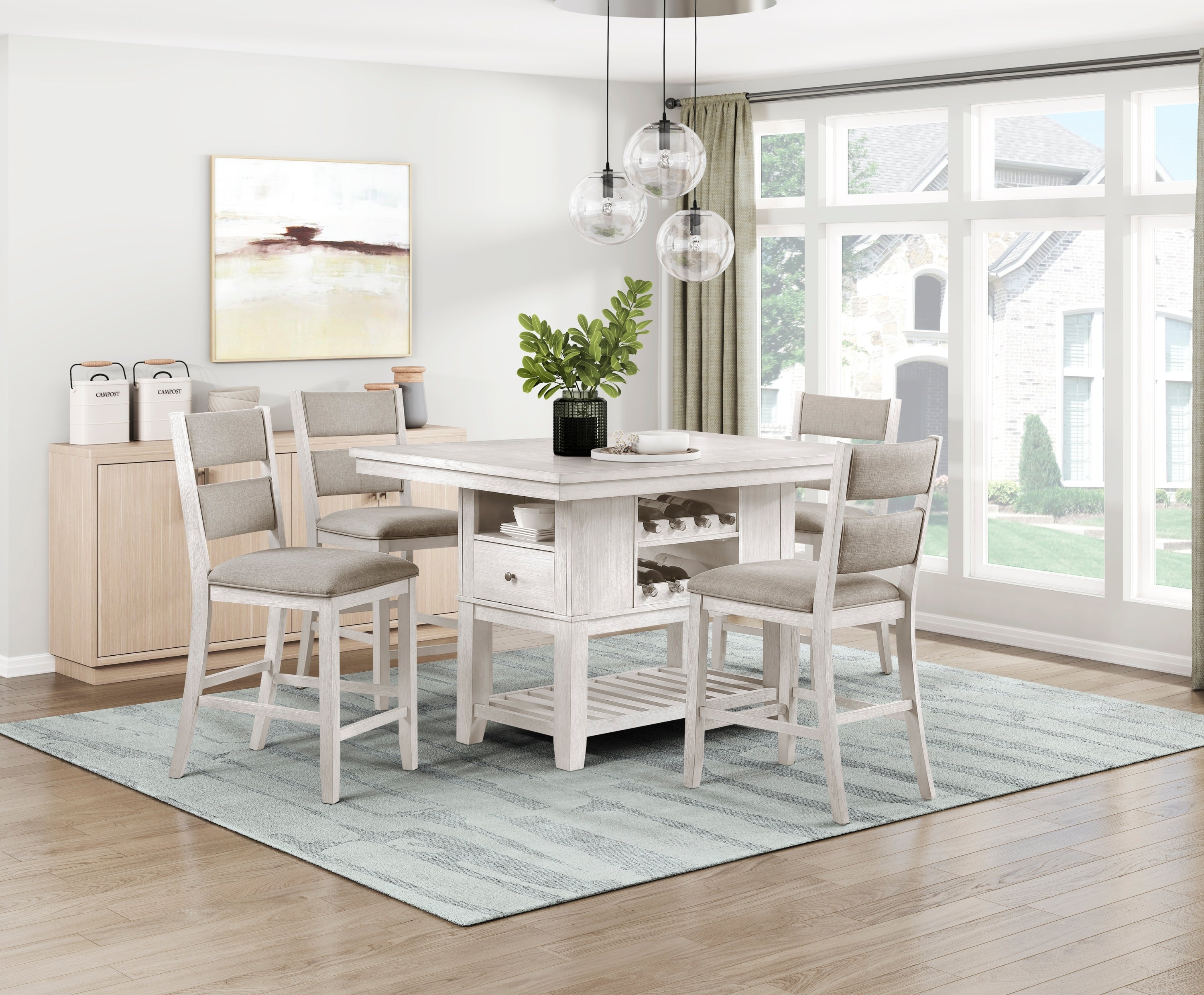 5pc Counter Height Dining Set Antique White Finish Table with Storage Drawers Wine-Rack Shelves 4x Chairs Upholstered Seat Furniture