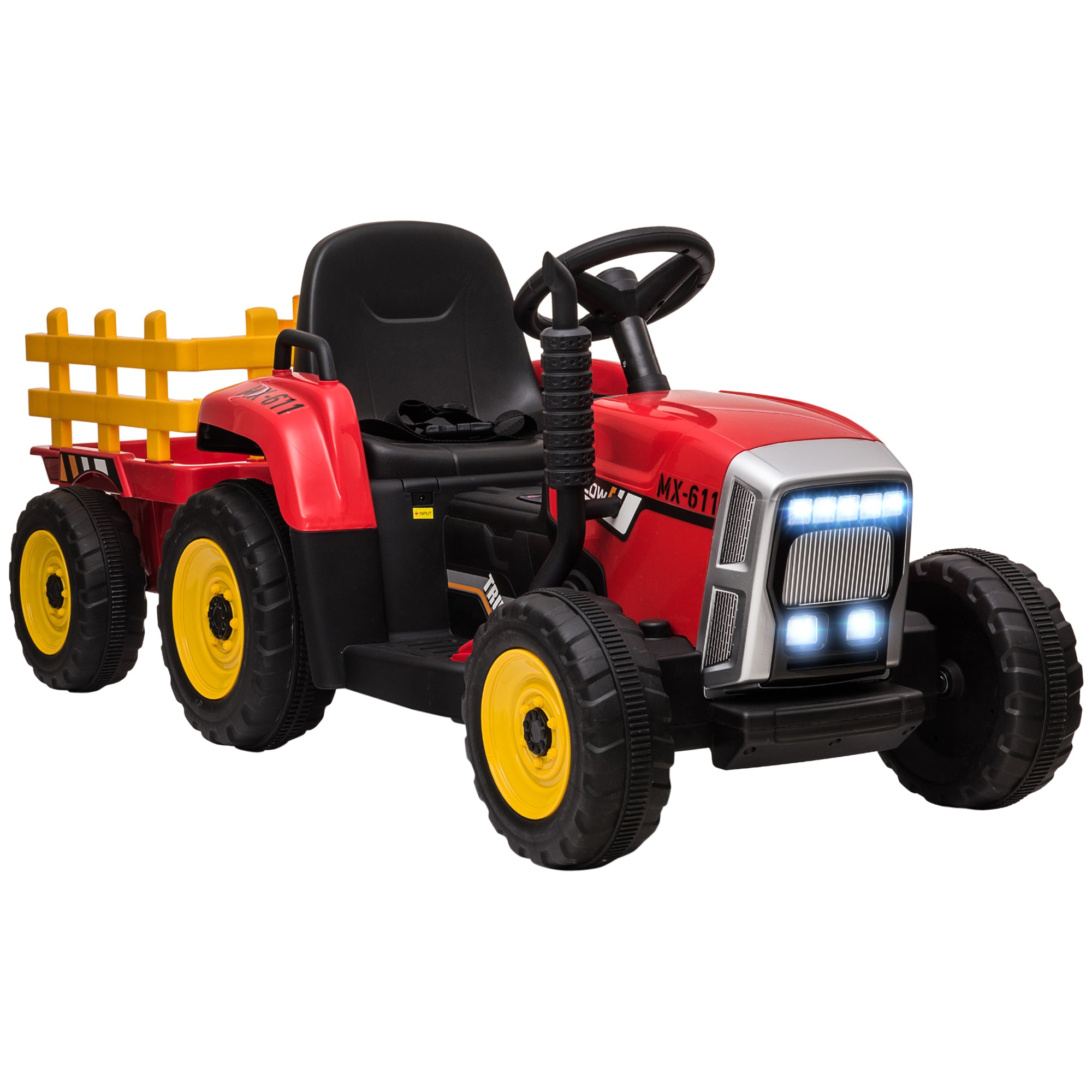 Aosom 12V Ride on Tractor with Trailer, 25W Dual Motors, Battery Powered Electric Tractor with Remote Control, Music Startup Sound and Horn, LED Lights, Red