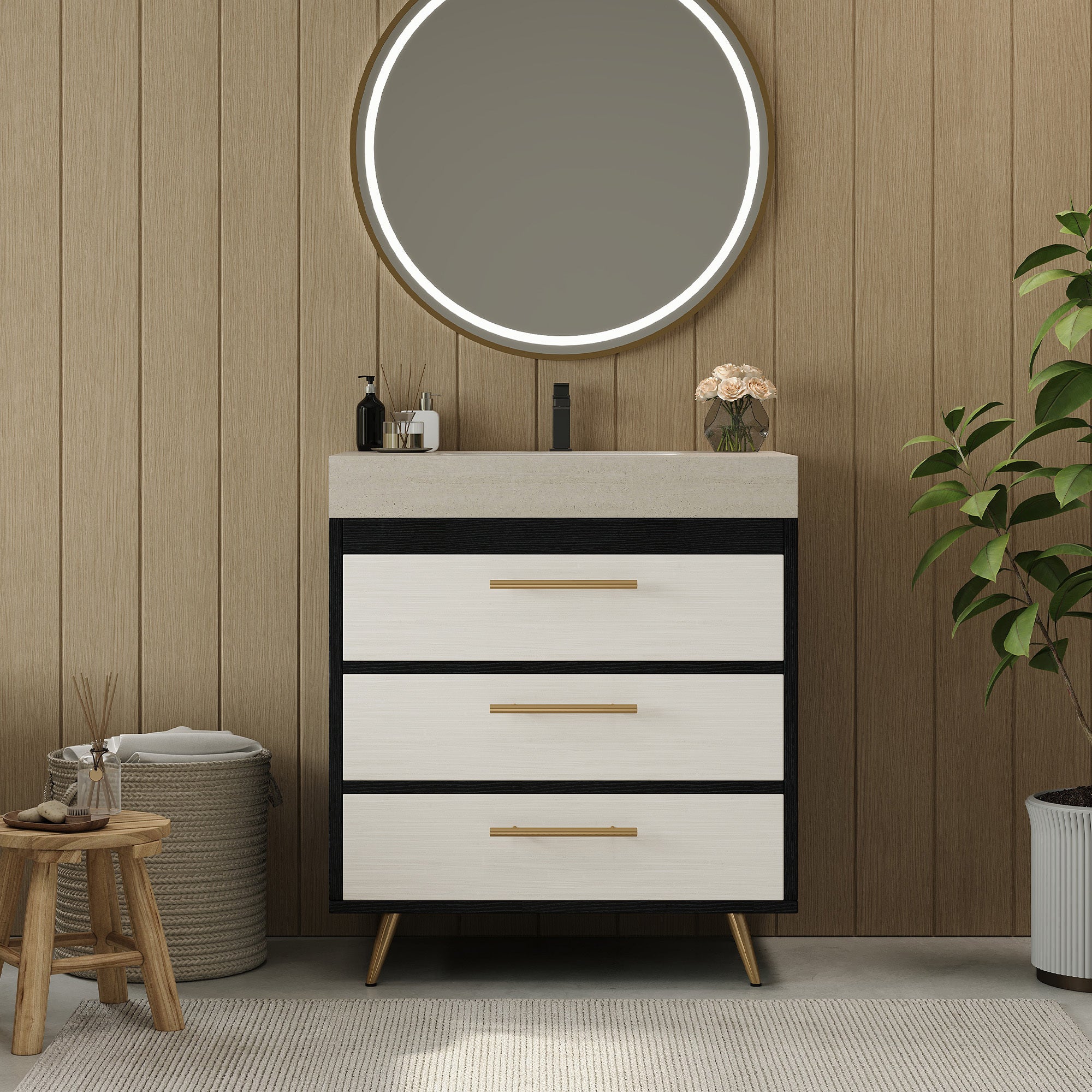 Modern Free-Standing Bathroom Vanity with Ceramic Vessel Sink & Durable Sintered Stone Top