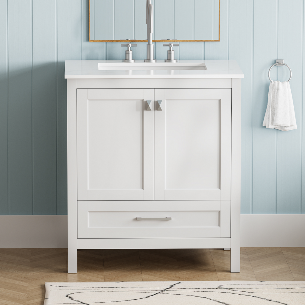 30' Freestanding Bathroom Vanity with Sink, Carrara Engineered Marble Vanity Top with Under-mounted Rectangular Ceramic Sink, Large Storage Soft-Close Door, Solid Wood Frame, White 24V03-30WH