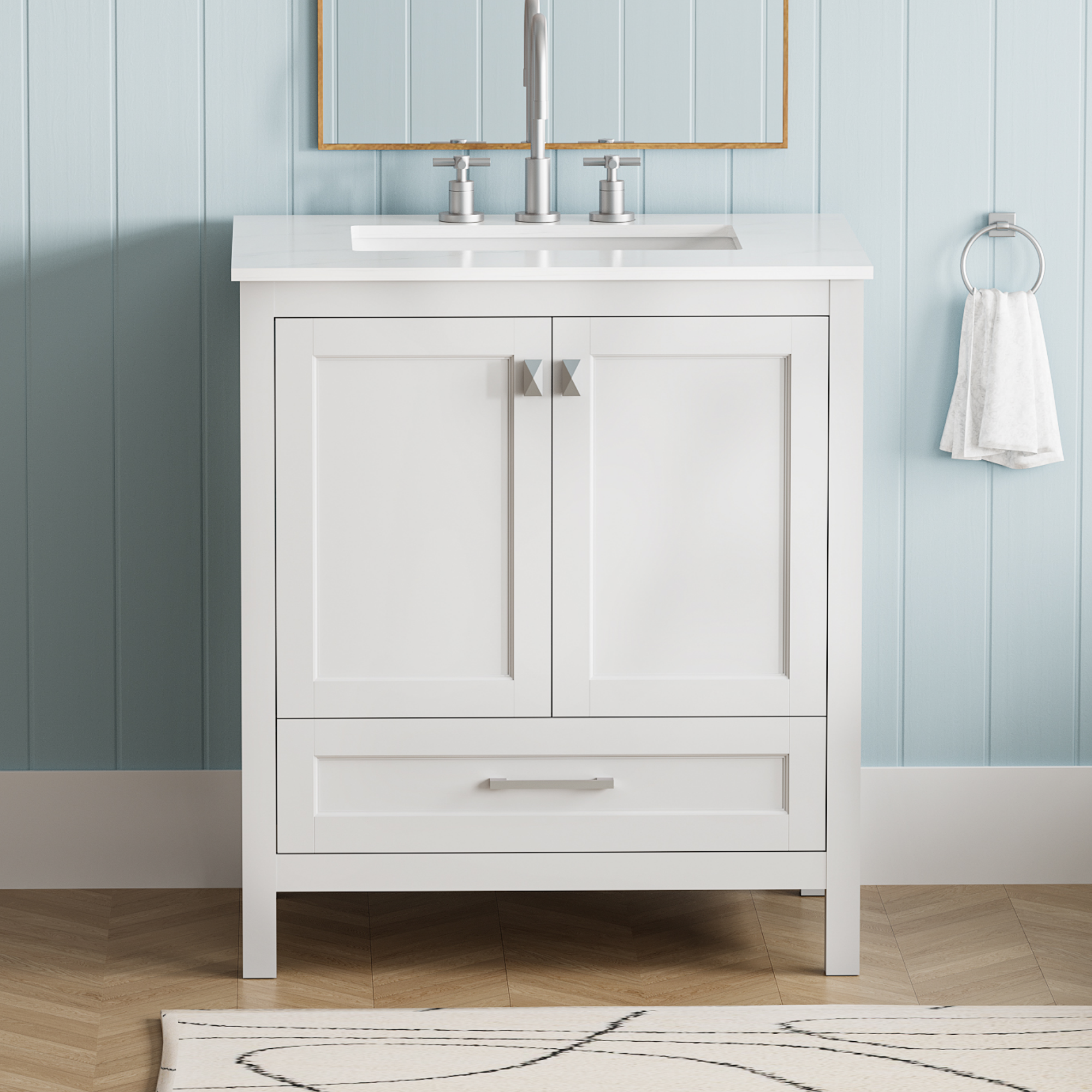 30' Freestanding Bathroom Vanity with Sink, Carrara Engineered Marble Vanity Top with Under-mounted Rectangular Ceramic Sink, Large Storage Soft-Close Door, Solid Wood Frame, White 24V03-30WH