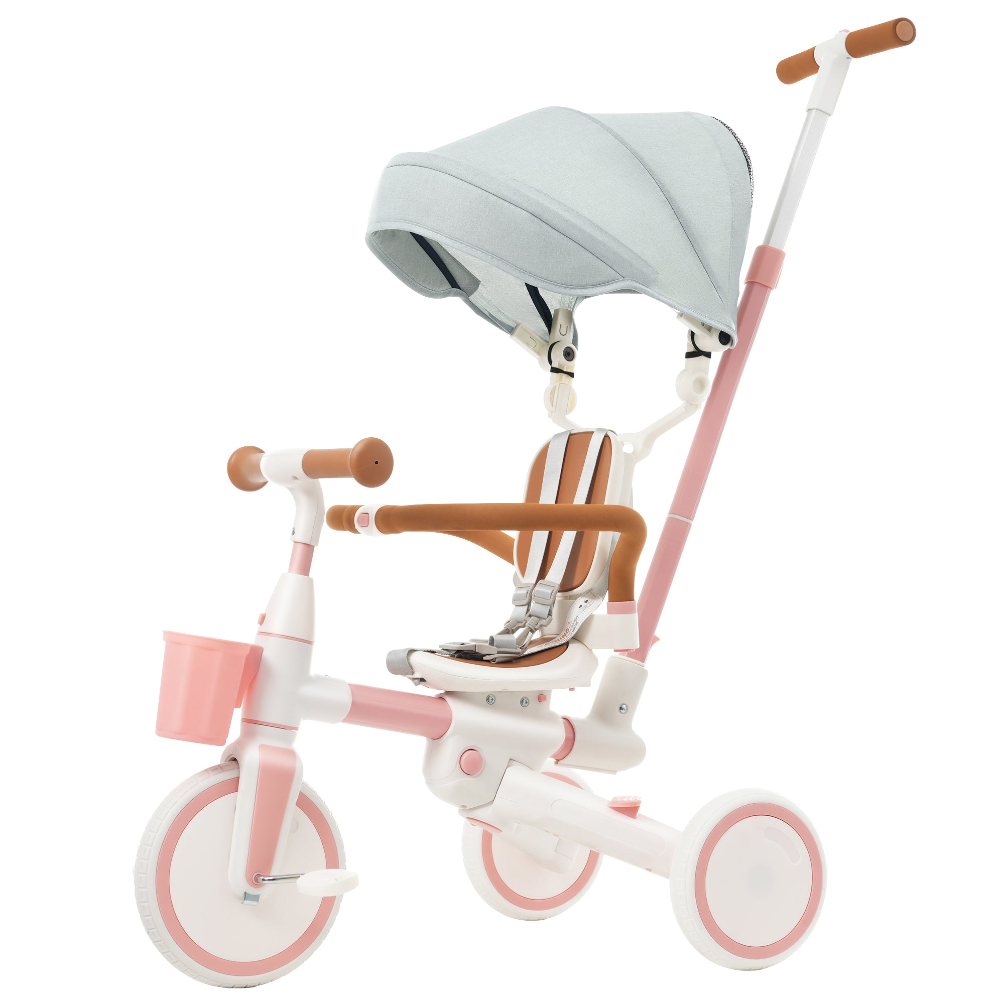 7 in 1 Baby Tricycle, Toddler Tricycle with Removable and Adjustable Push Rod, Toddler Push Bike with Removable Pedal, Canopy, and Guardrail, Tricycle for 18-72 Months, pink
