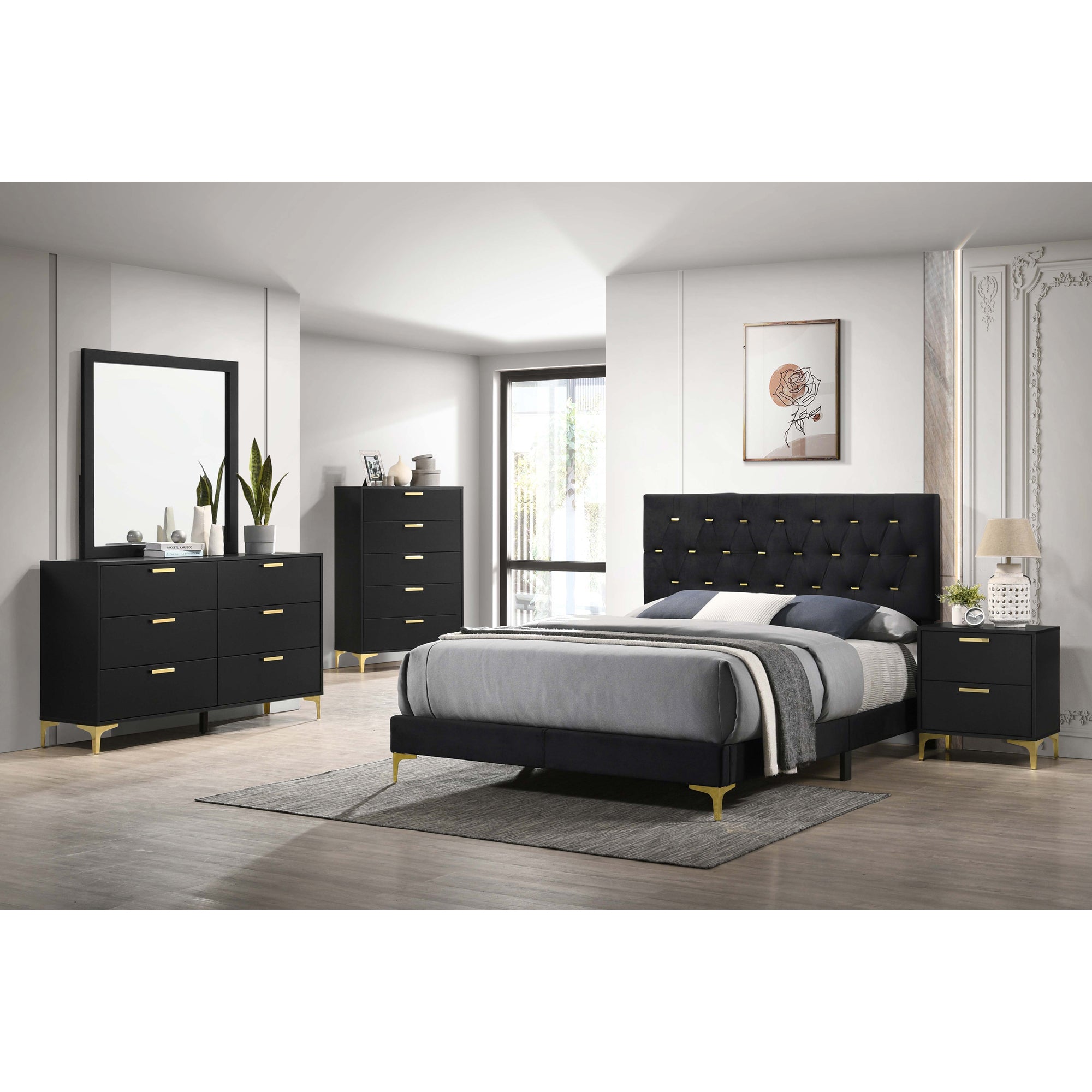 Lexie Black/Gold 5-piece Tufted Panel Queen Bedroom Set