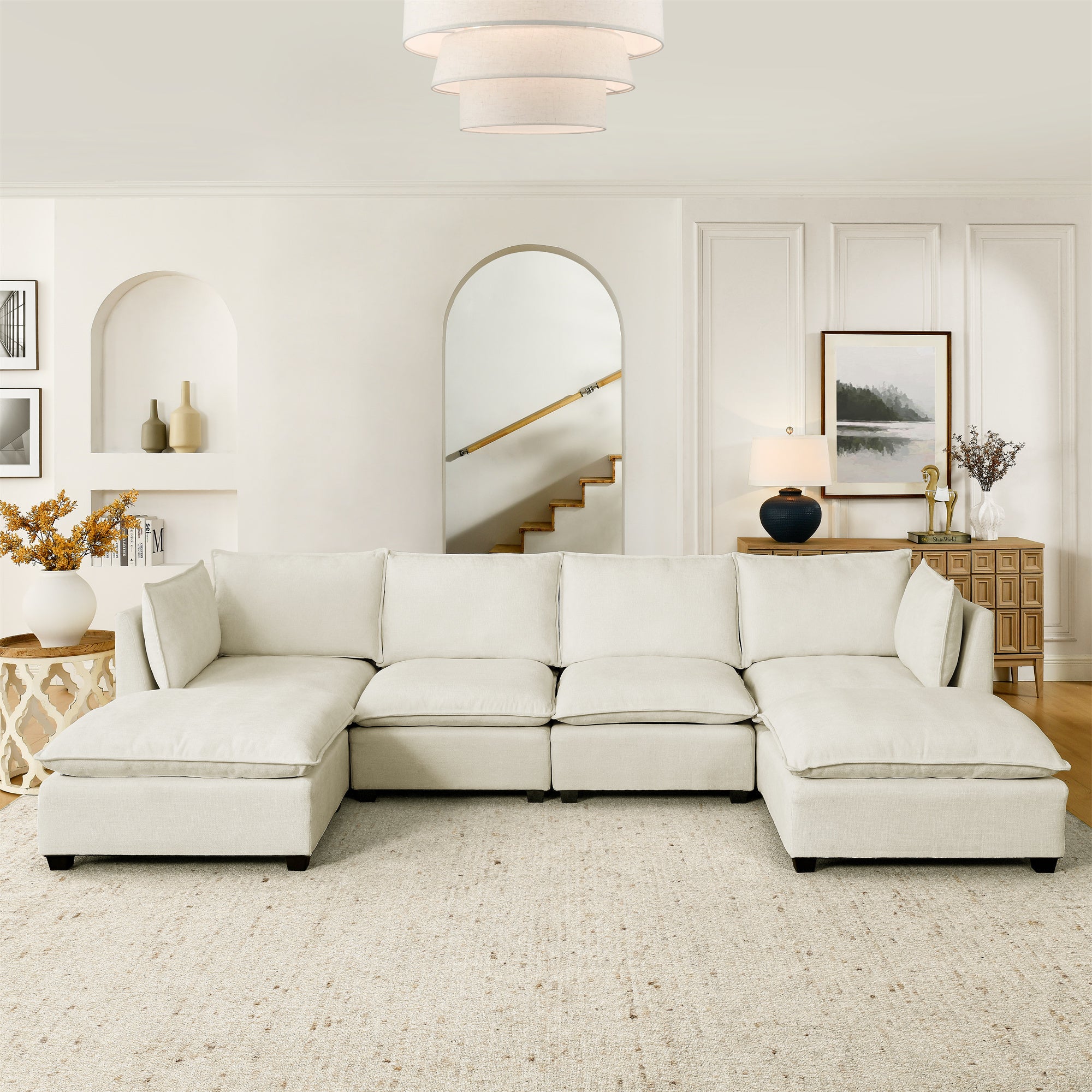 Comfy Cloud Couch Sectional  4 Seat Sofa with 2 Ottoman, Chenille Sofa Sleeper Deep Seat Sofa with Throw Pillows for Living Room(Beige White)