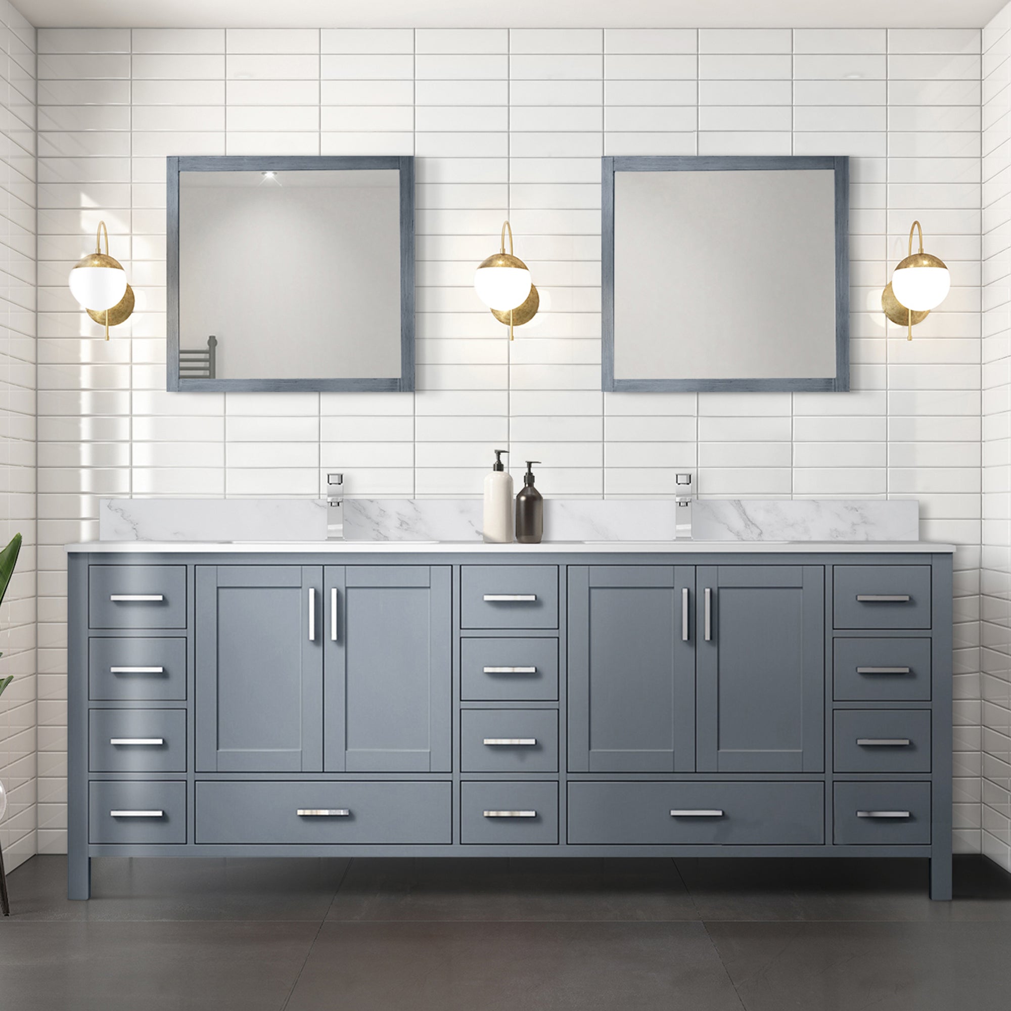 Dark Grey Double Bath Vanity 84 in. W x 22 in. D, Carrara Marble Top, and 34 in. Mirrors