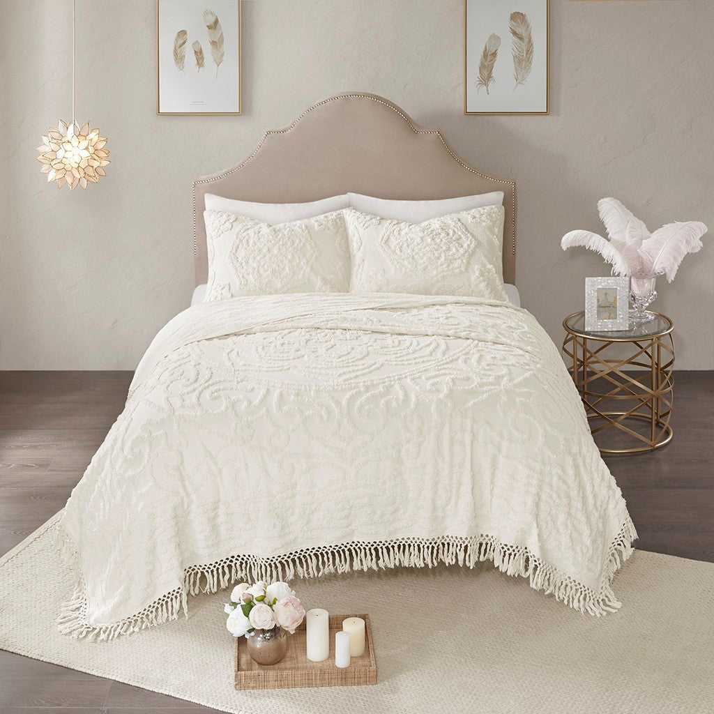 Tufted Cotton Chenille Medallion Fringe Coverlet Mini Set Off-White Full/Queen