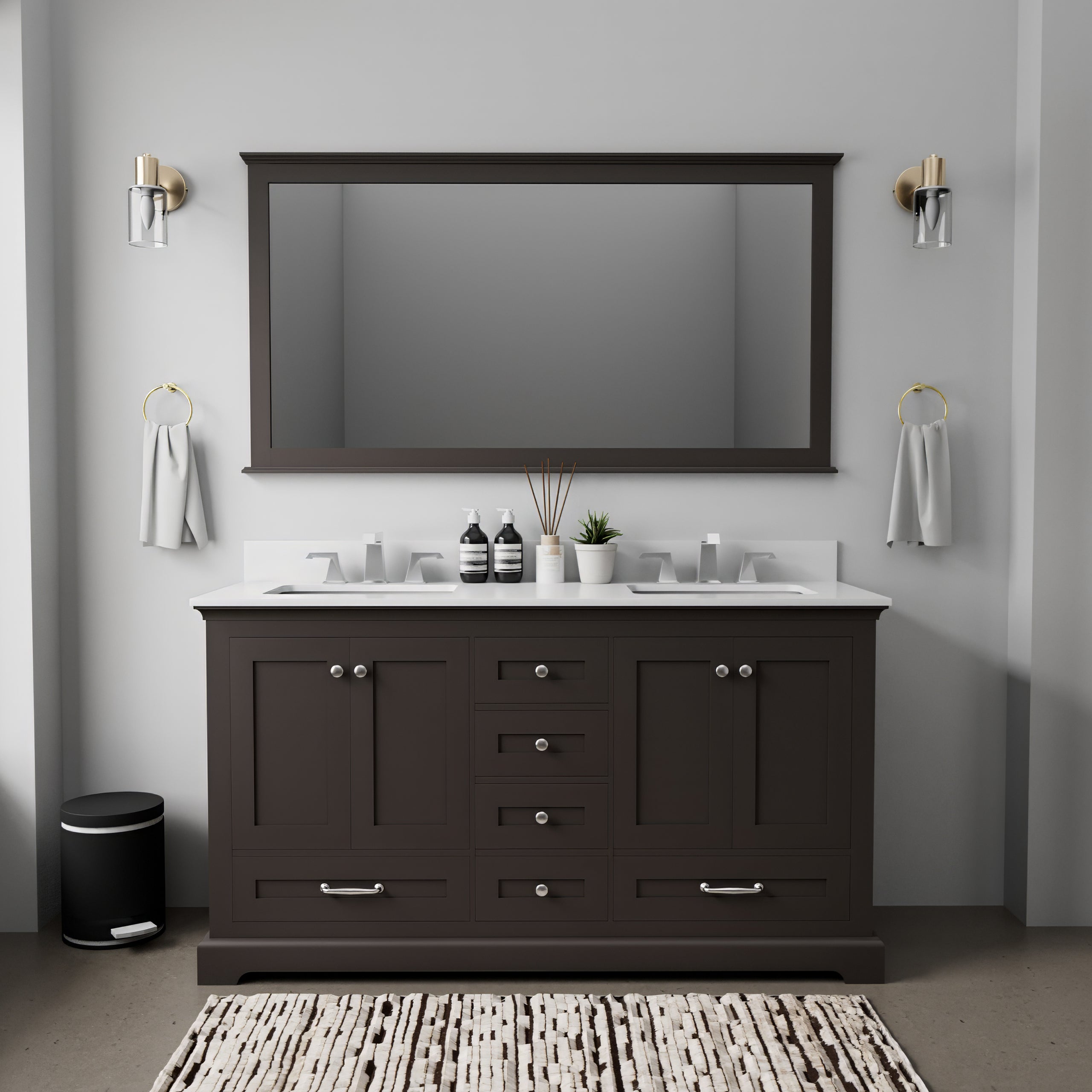 Espresso Double Bath Vanity 60 in. W x 22 in. D, with Cultured Marble Top