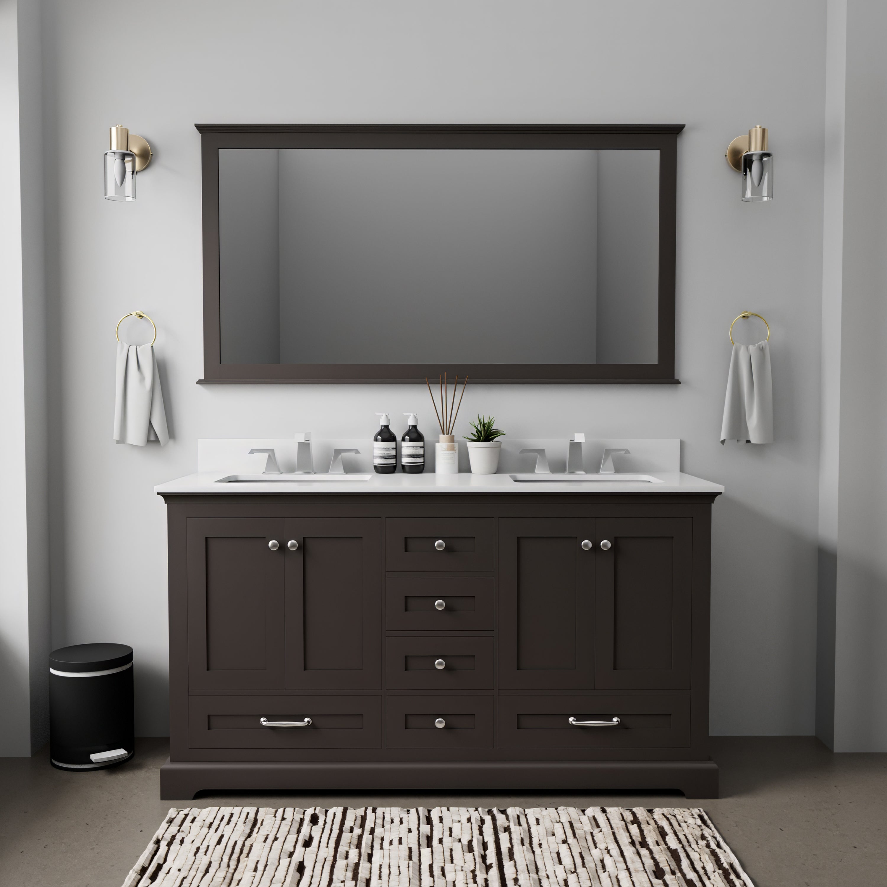 Espresso Double Bath Vanity 60 in. W x 22 in. D, with Cultured Marble Top
