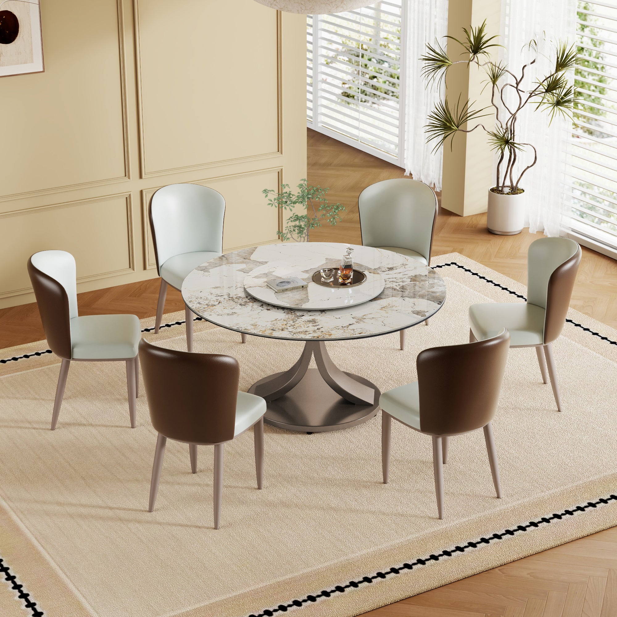 59' Round Dining Table with 360° Rotating Lazy Susan - Scratch & Heat Resistant Sintered Stone Tabletop for Dining Room & Kitchen(6 chairs)