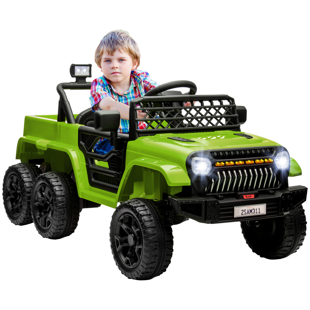 Qaba 12V 4x4 Kids Ride on Truck with Back Trailer,  2WD/4WD Switchable Kids Electric Car with Parent Remote Control, Spring Suspension System, Soft Start, Music, LED Light, Horn, Green