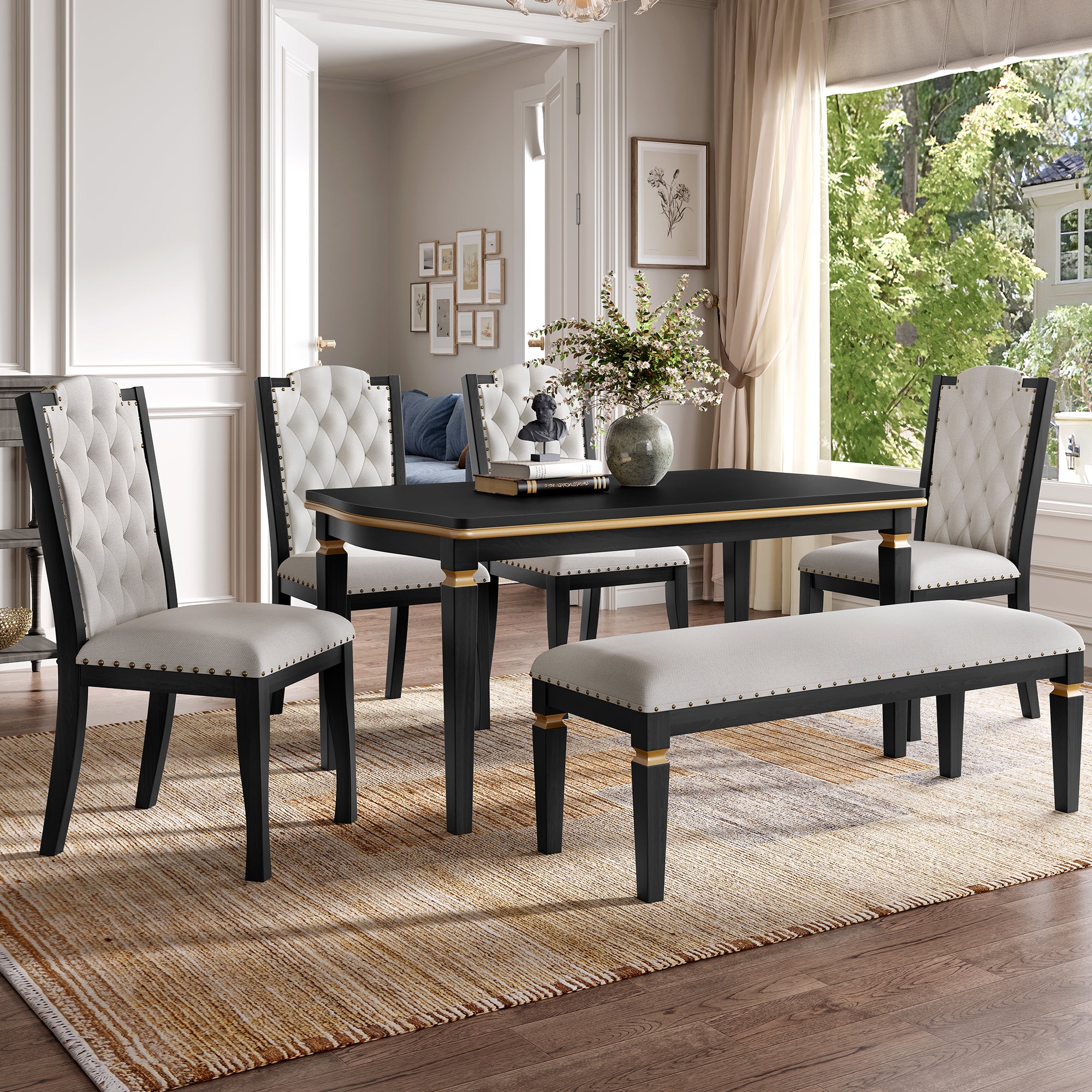 6-Piece Kitchen Dining Table Set, 60' Rectangular Table and 4 High-Back Tufted Chairs & 1 Bench for Dining Room and Kitchen (Black) (OLD SKU: N752S000080)