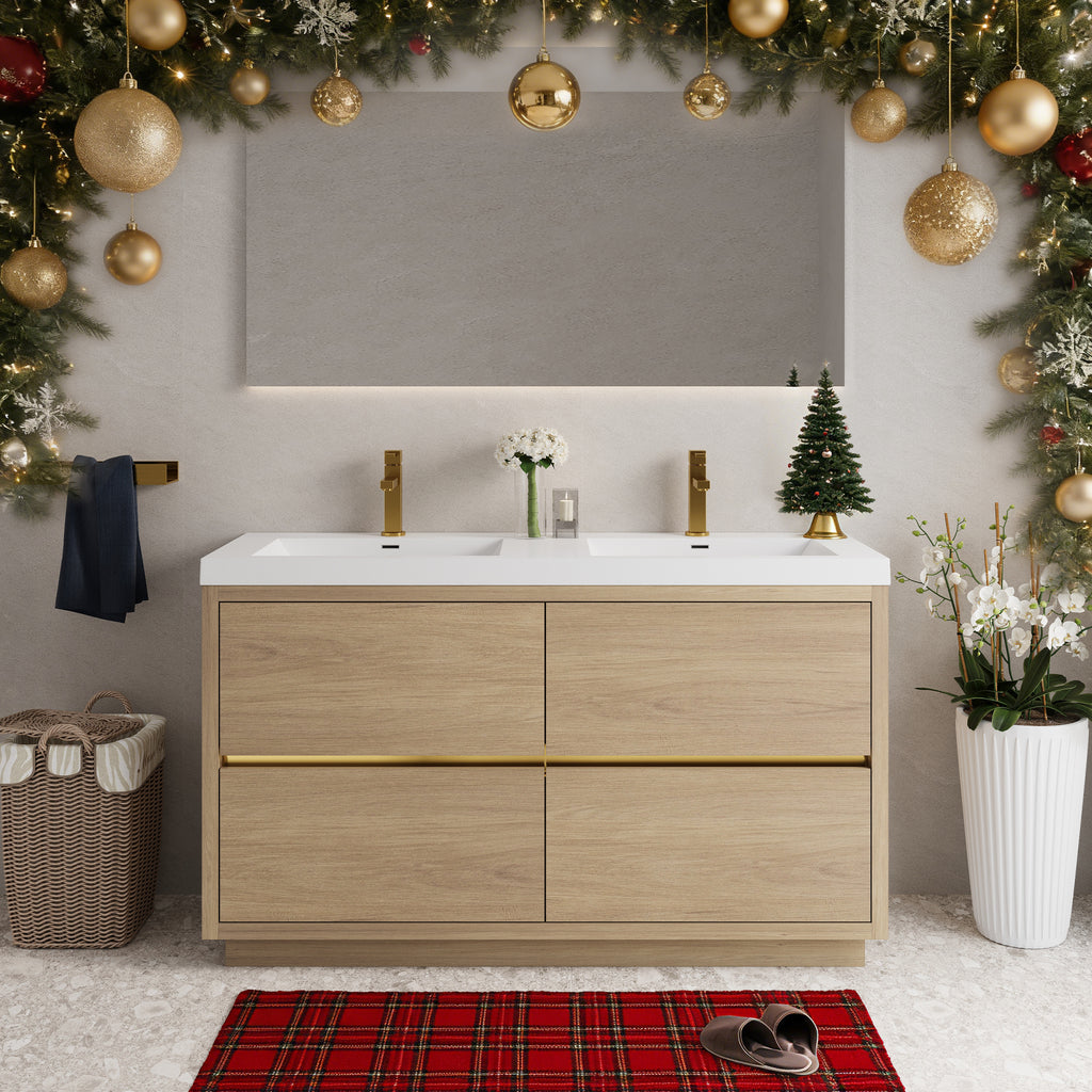 60' Freestanding Bathroom Vanity with Double Sinks, Bathroom Storage Vanity Cabinet with Stone Resin Countertop and Soft Close Drawers, Natural Oak 24V14-60DNO-W1920P385559