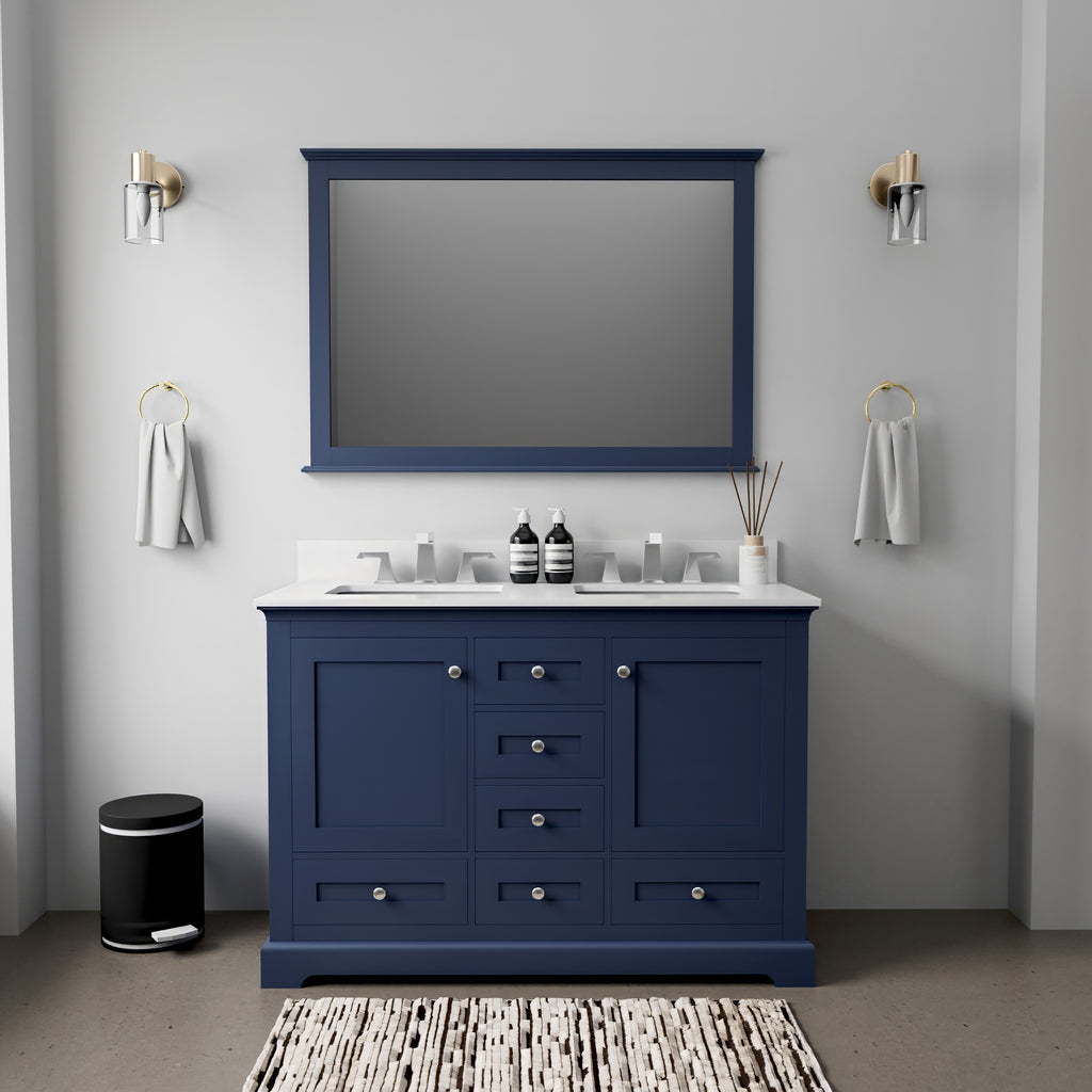 Navy Blue Double Bath Vanity 48 in. W x 22 in. D, White Quartz Top, Faucet Set, and 46 in. Mirror