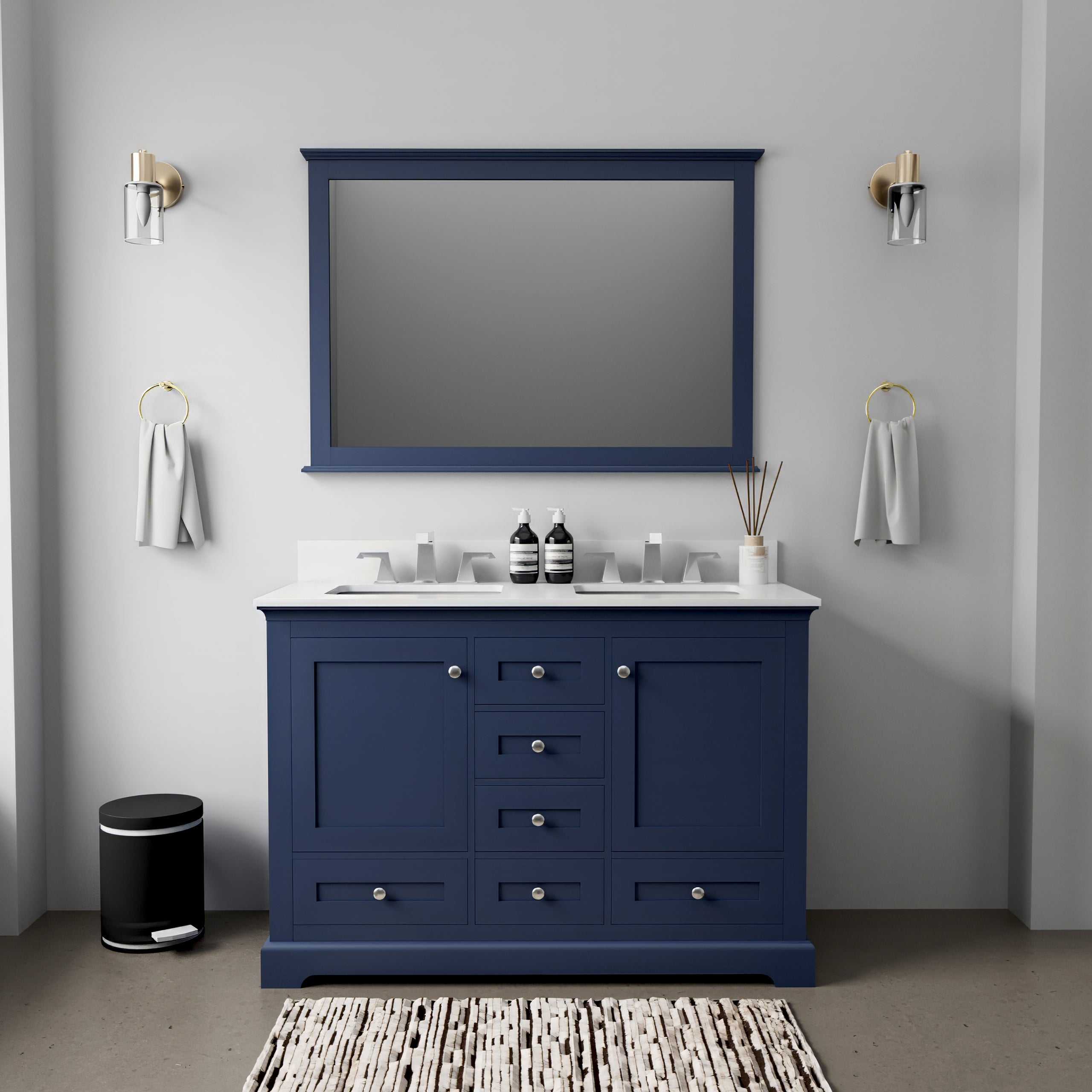 Navy Blue Double Bath Vanity 48 in. W x 22 in. D, White Quartz Top, Faucet Set, and 46 in. Mirror