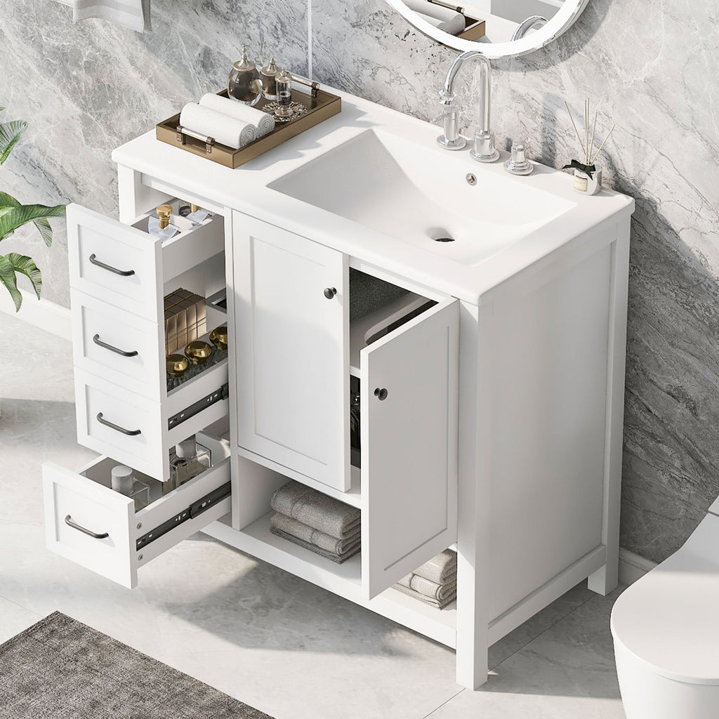 36' Bathroom Vanity with Sink Top, Bathroom Vanity Cabinet with Two Doors and Two Drawers, Solid Wood, Open shelf, MDF Boards, One Package, White (Old Sku:N725P245278K)