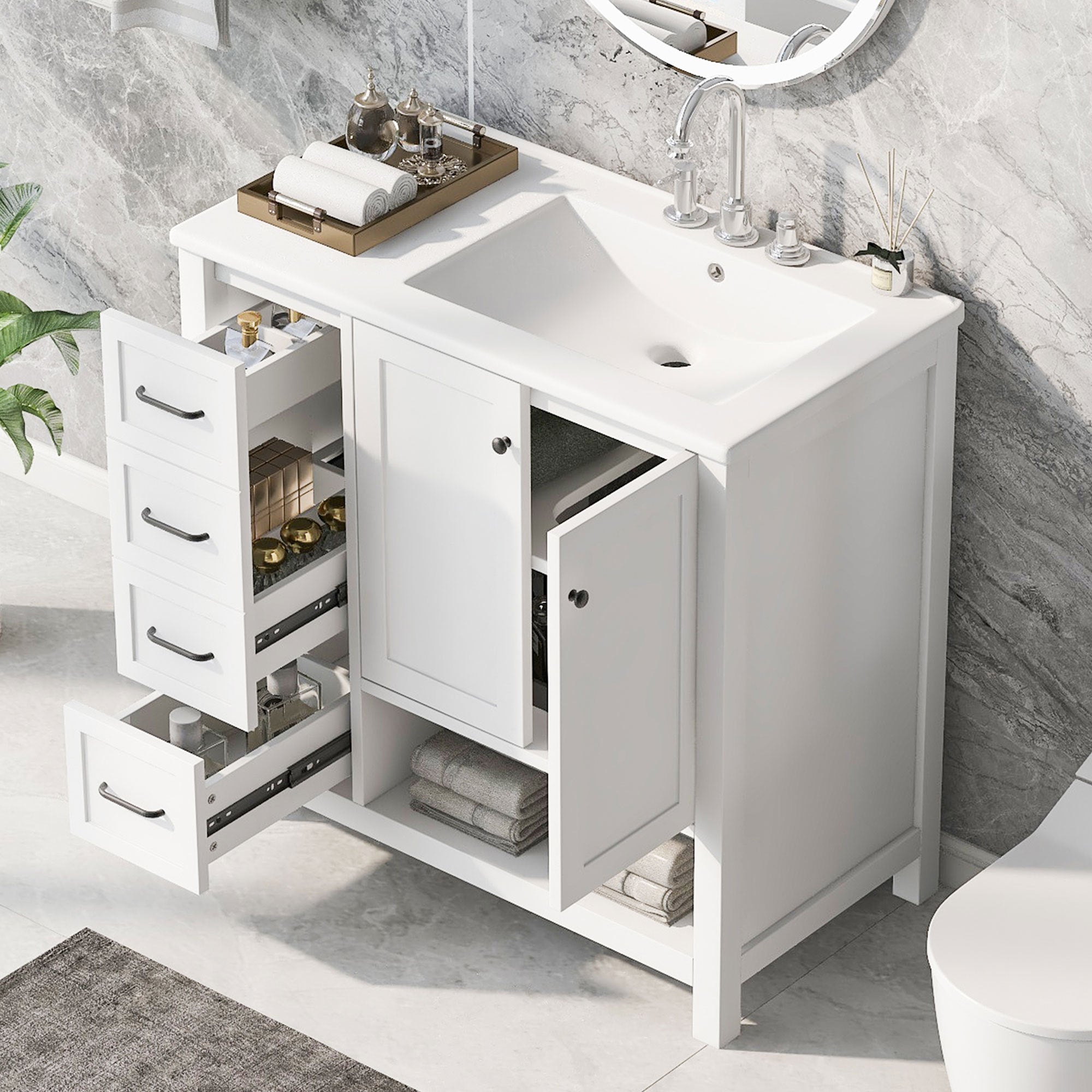 36' Bathroom Vanity with Sink Top, Bathroom Vanity Cabinet with Two Doors and Two Drawers, Solid Wood, Open shelf, MDF Boards, One Package, White (Old Sku:N725P245278K)