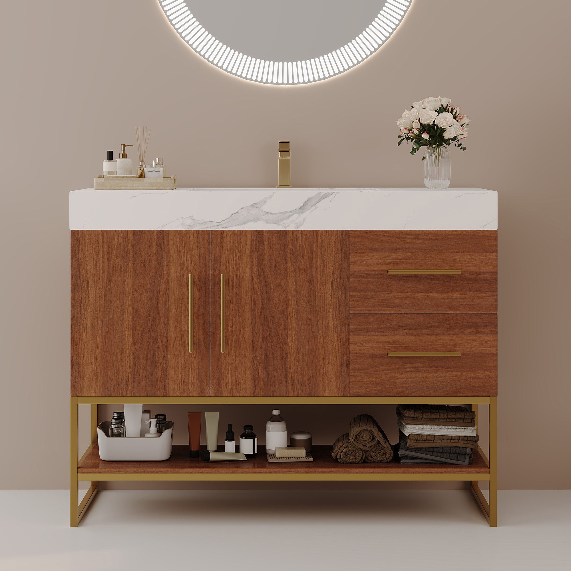 36' Modern Bathroom Vanity with Seamless Ceramic Sink & Gold Accent Free Standing Cabinet