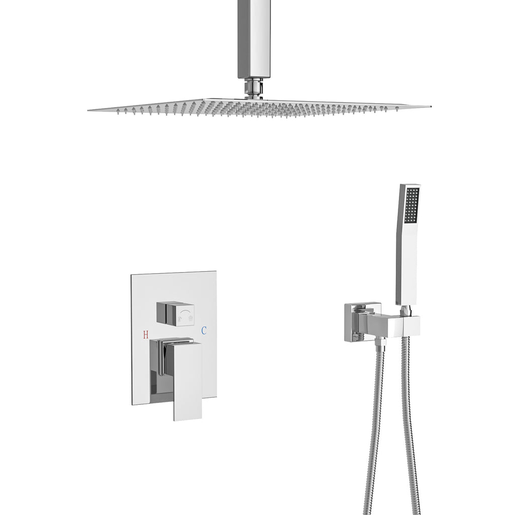 Modern Dual Shower Head System with 16 Inch Ceiling Mount, Chrome Finish, Stainless Steel and Brass