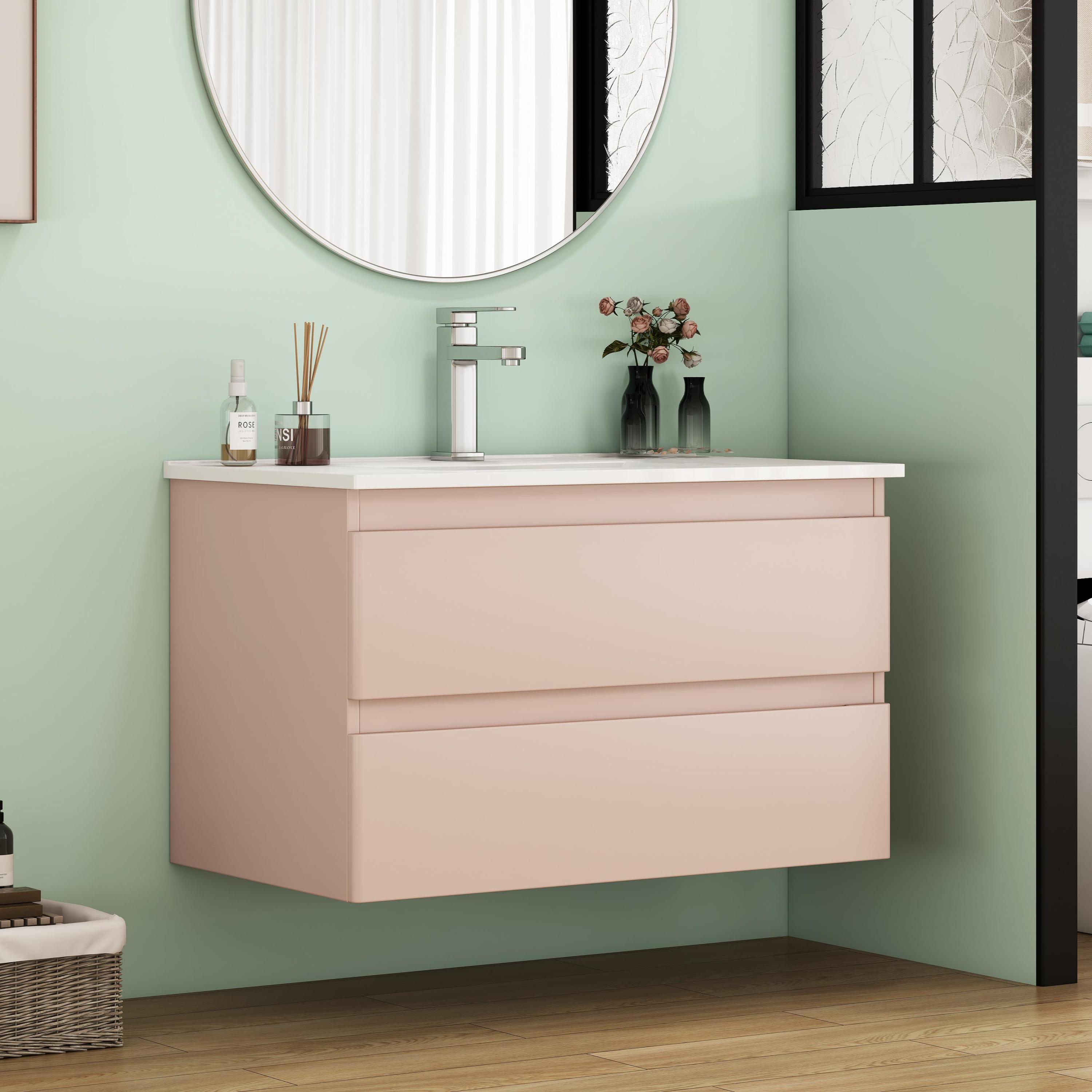 32-Inch Wall-Mounted Bathroom Vanity With Sink Combo, Double Drawers, Rounded Drawer Fronts,Soft-Close System,Ceramic Sink,No Handle Design,Solid Wood,Easy to Install,The Faucet Is Not Included,Pink