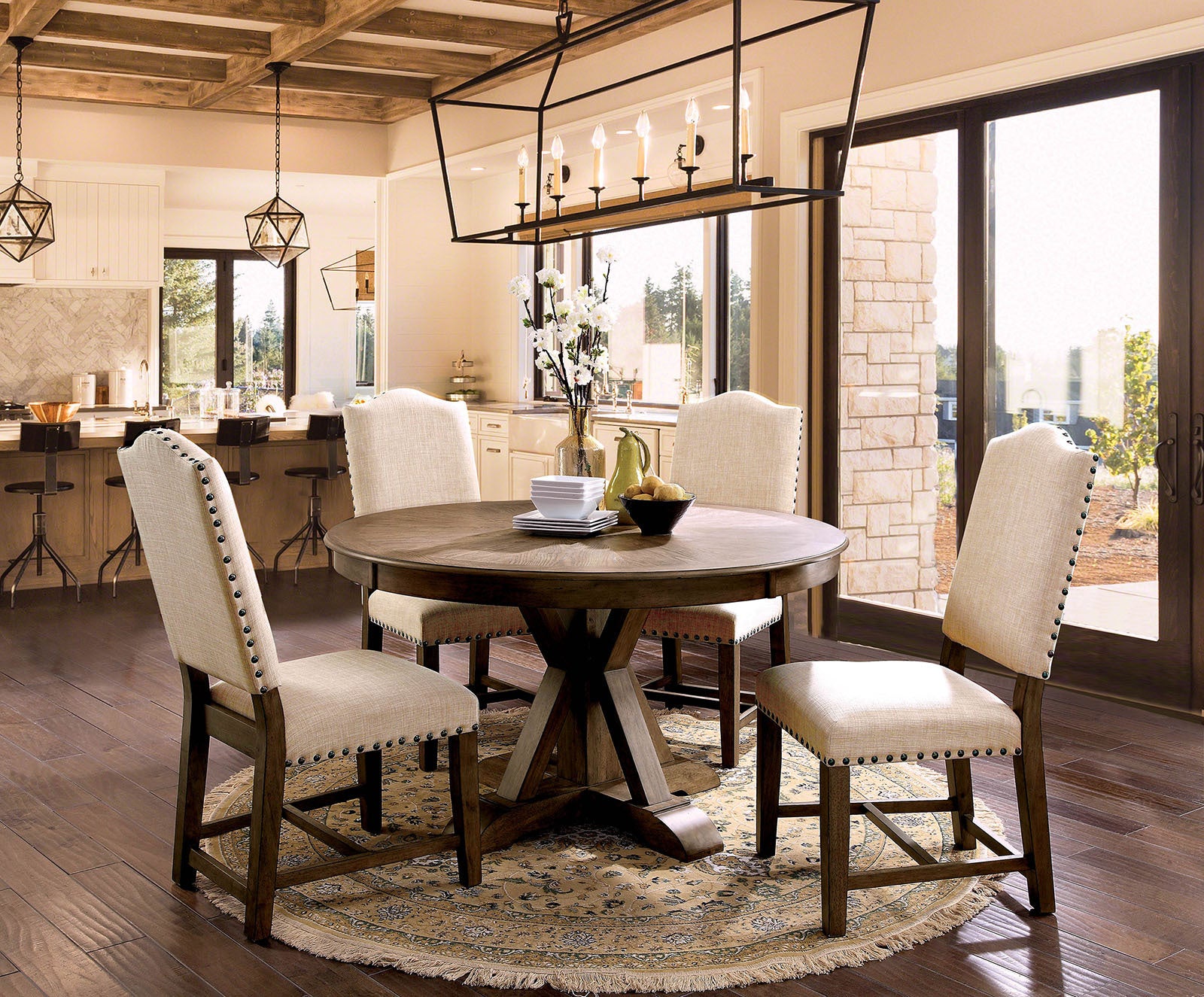 Light Oak Dining Room Round Table Chairs 5pc Dining Set Beige Fabric Upholstered Dining Room Furniture