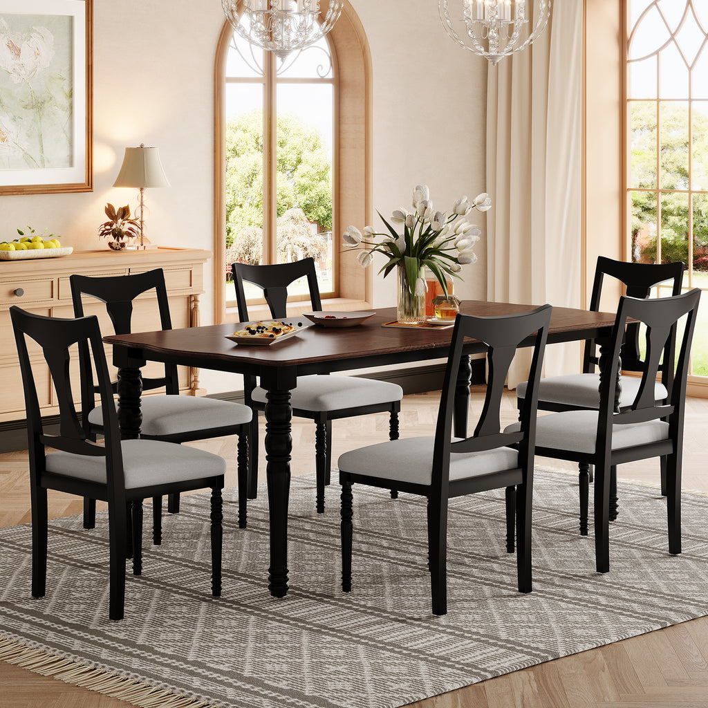 7-Piece Dining Table Set, 60inch to 78inch Extendable Wood Dining Table with Removable Leaf, Kitchen Table Set with 6 Upholstered Side Chair, Dining Table Set for 6