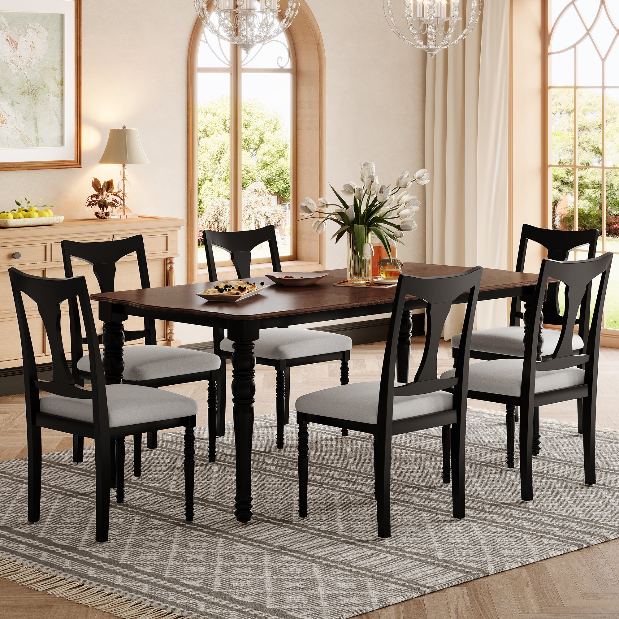 7-Piece Dining Table Set, 60inch to 78inch Extendable Wood Dining Table with Removable Leaf, Kitchen Table Set with 6 Upholstered Side Chair, Dining Table Set for 6