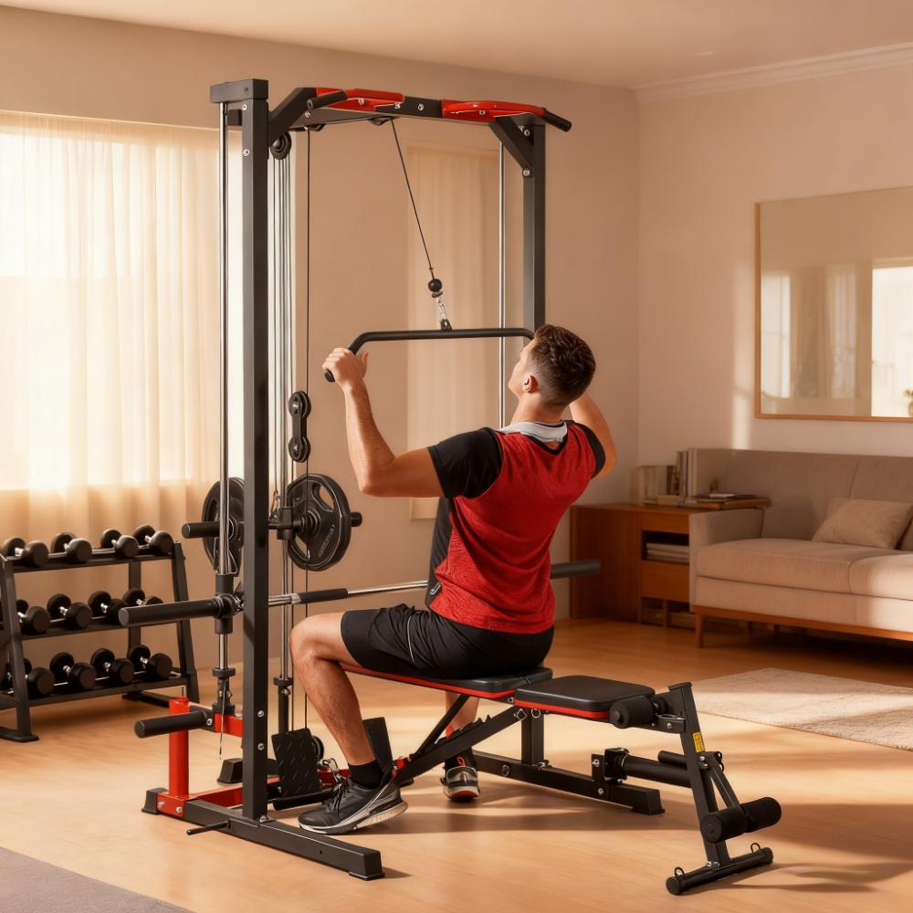 Workout Equipment  with Pull Up Bar, Lat Pull Down System, Landmine, Squat Rack, Barbell Bar