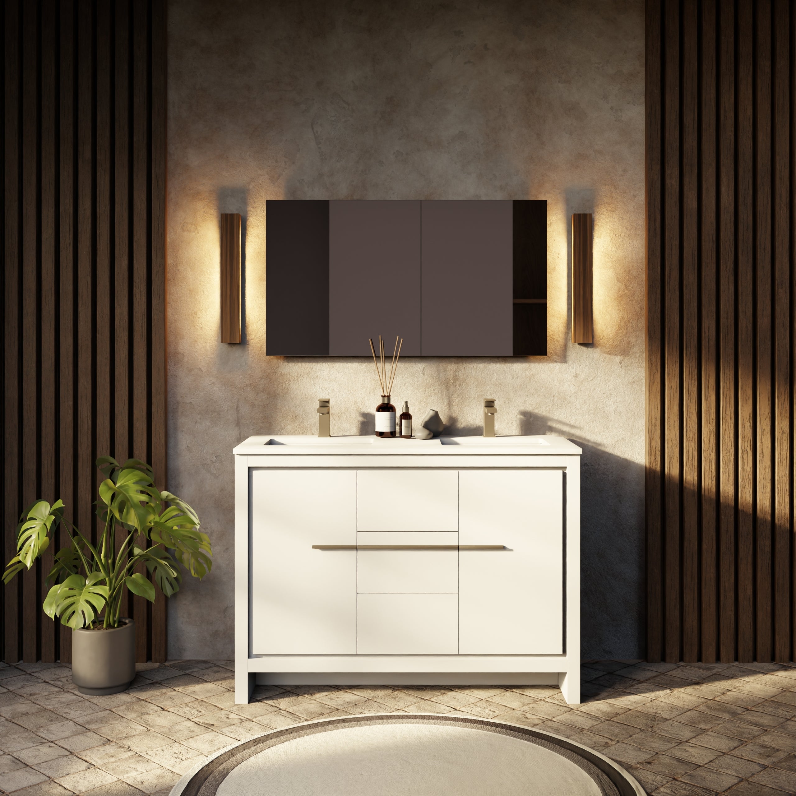 White Double Bath Vanity 48 in. W x 20 in. D, White Quartz Top, Gun Metal Faucet Set and 43 in. Mirror
