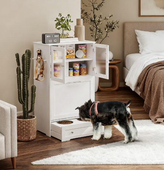 Pet Feeder Station Storage Cabinet, with Dog Raised Bowls, White