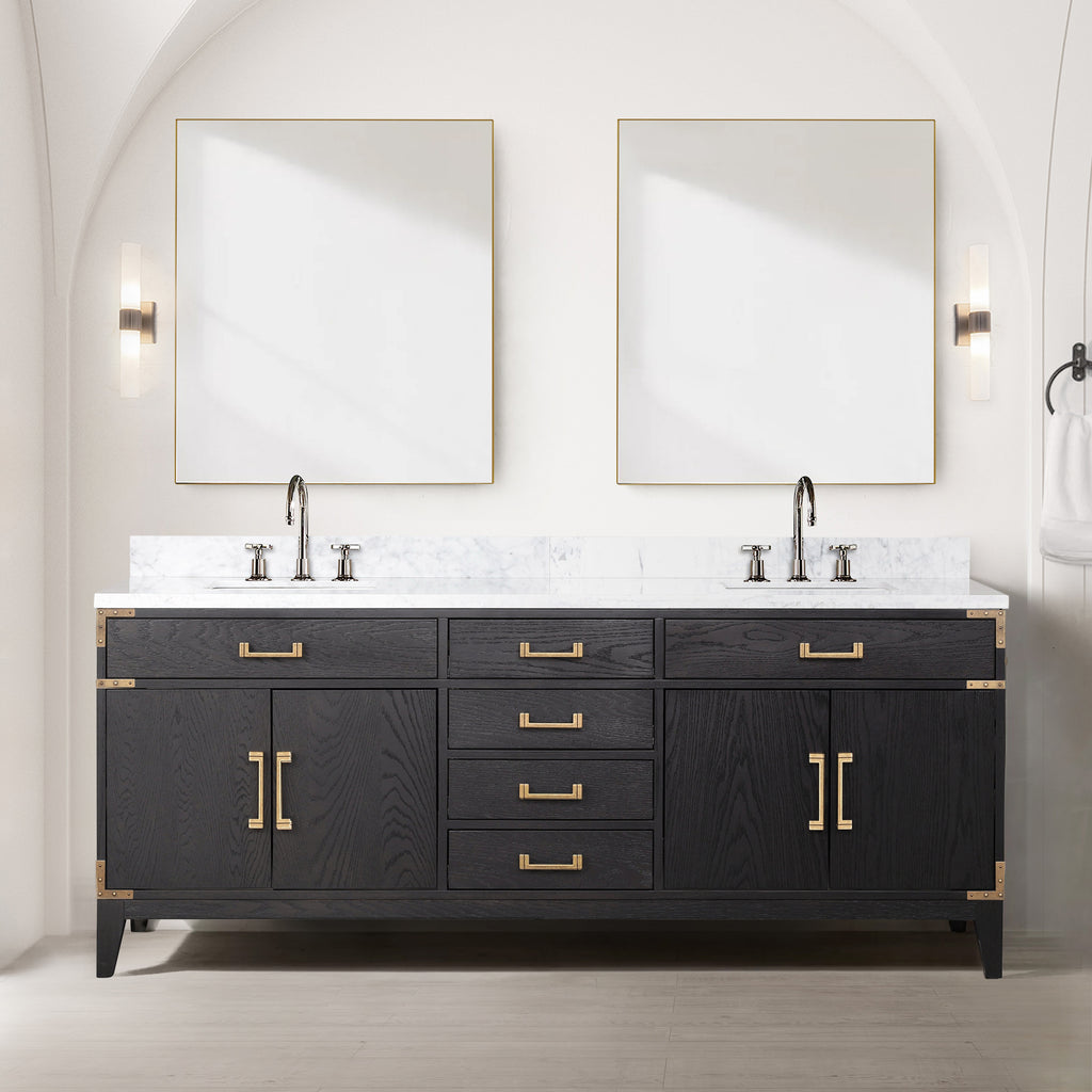 Black Oak Double Bath Vanity 80 in. W x 22 in. D, with Carrara Marble Top