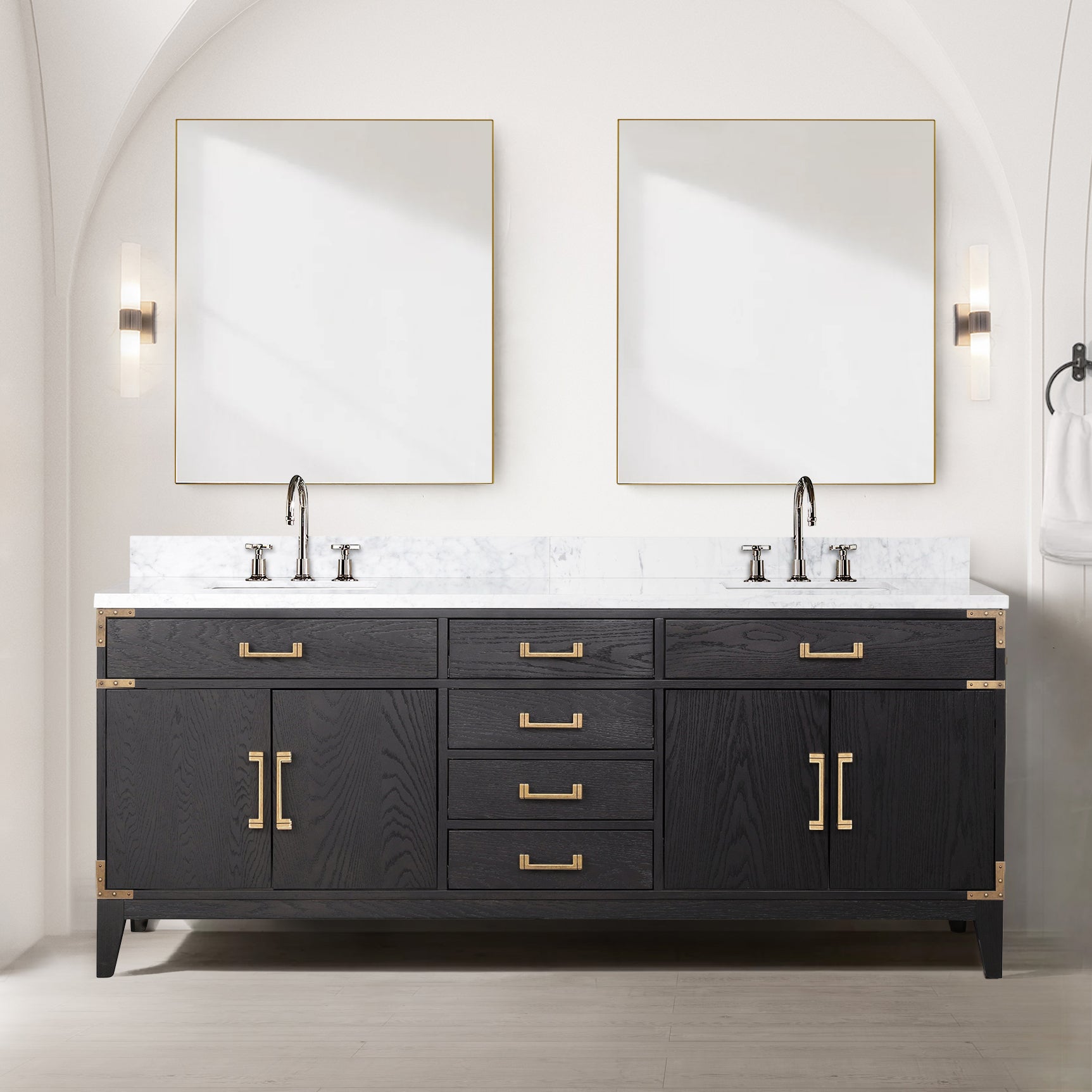 Black Oak Double Bath Vanity 80 in. W x 22 in. D, with Carrara Marble Top