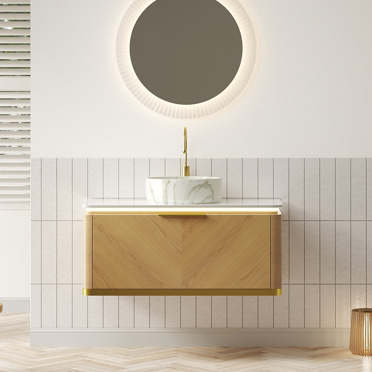 DIPA 36' Bathroom Vanity&Sink, Floating Plywood Storage Cabinet, Drawer with Handle&Sensor Light, Stone Pattern White Ceramic Vessel Basin&Sintered Stone Top, Pre-assembled, Corolla Oak Woodgrain