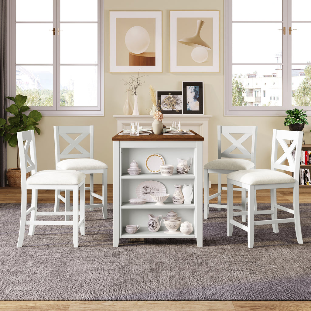 TOPMAX 5 Pieces Counter Height Rustic Farmhouse Dining Room Wooden Bar Table Set with 4 Chairs, White