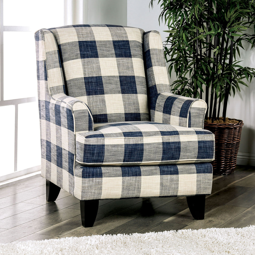 Transitional Style Rolled Arms 1pc Checkered Chair Tapered Wooden Legs T-Cushion Seat Medium Density Foam Ivory Finish