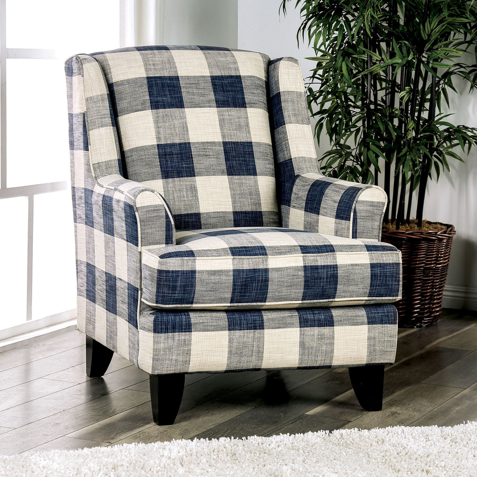 Transitional Style Rolled Arms 1pc Checkered Chair Tapered Wooden Legs T-Cushion Seat Medium Density Foam Ivory Finish