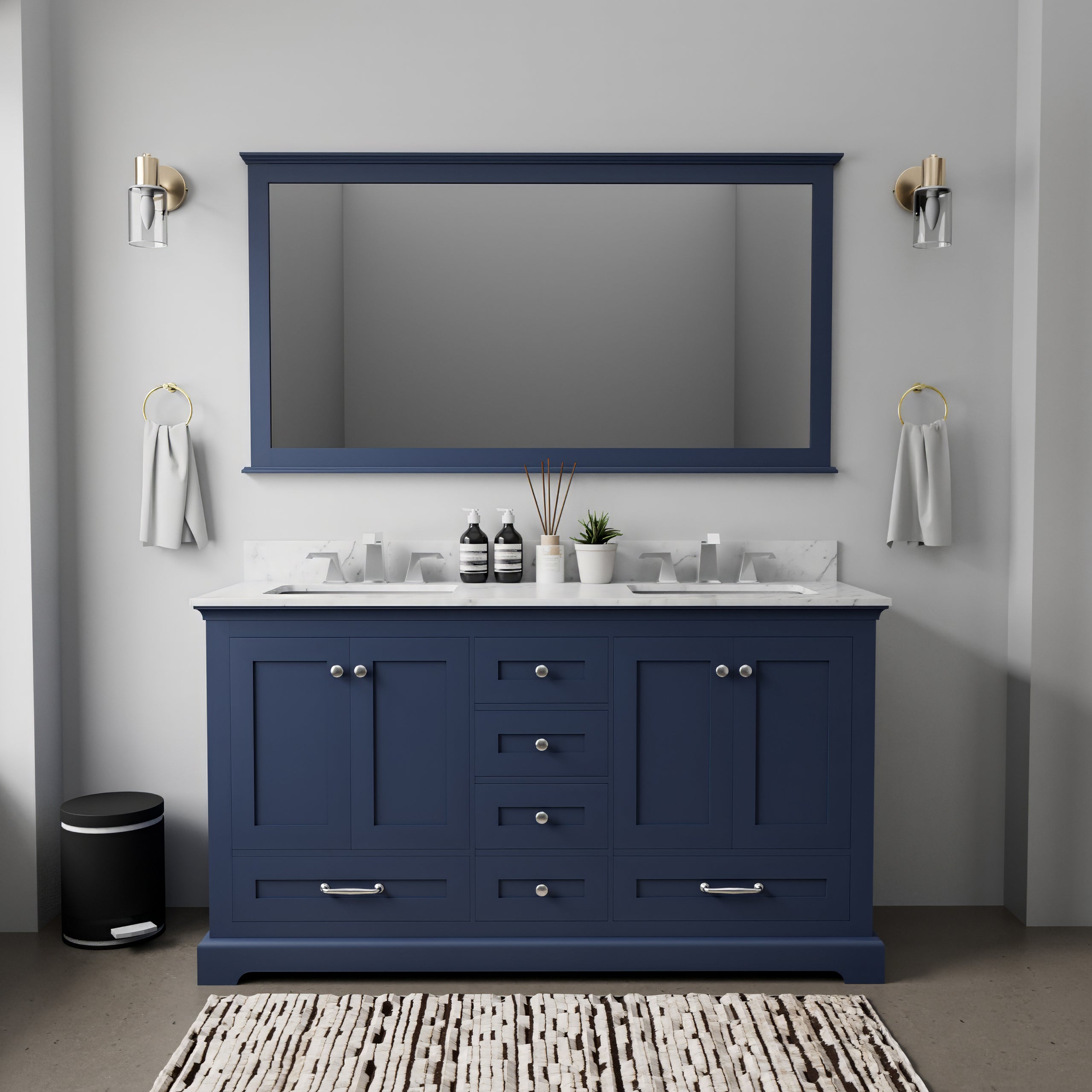 Navy Blue Double Bath Vanity 60 in. W x 22 in. D, Carrara Marble Top, Faucet Set, and 58 in. Mirror
