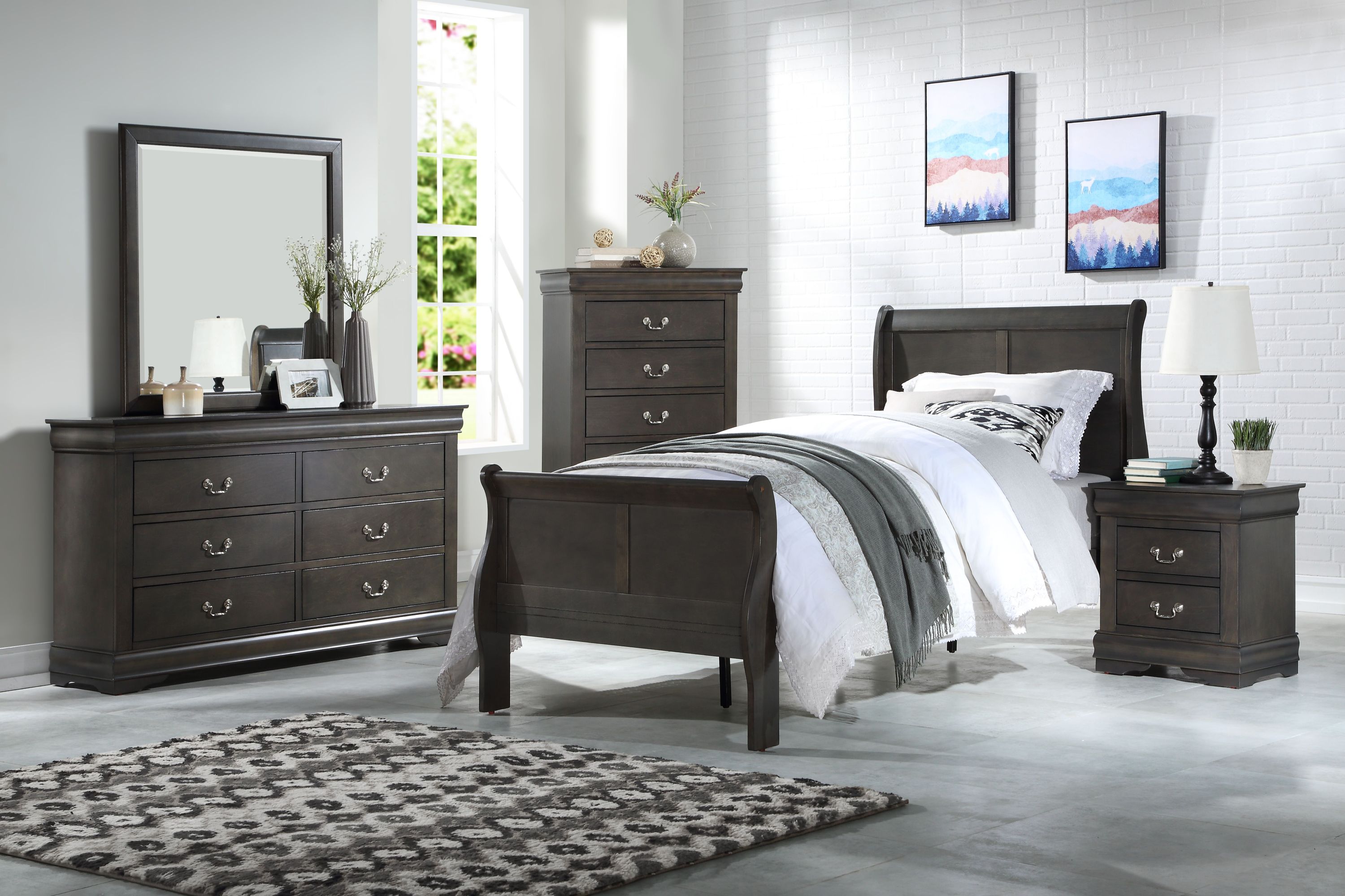 Louis Philippe Dark Gray Finish 4 PCS Bedroom Set (E. King)
