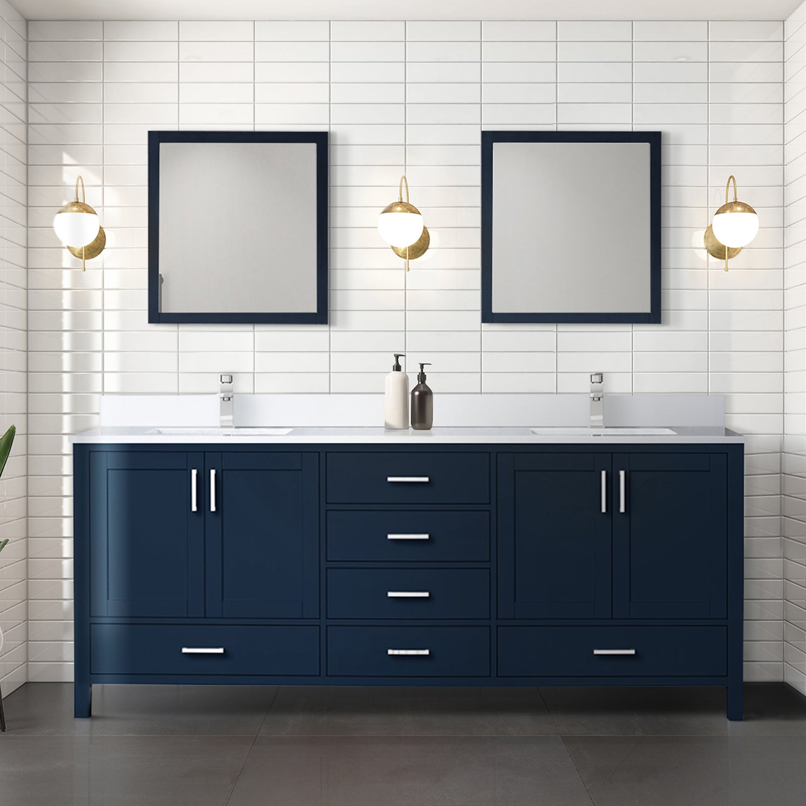 Navy Blue Double Bath Vanity 80 in. W x 22 in. D, White Quartz Top, and Faucet Set
