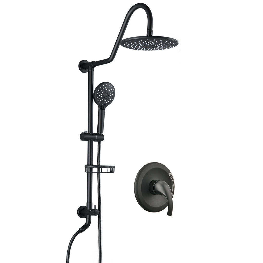 10-Inch Matte Black Shower System with Slide Bar, 3-Function Hand Shower & Soap Dish, Air-Injection Rainfall Shower Combo