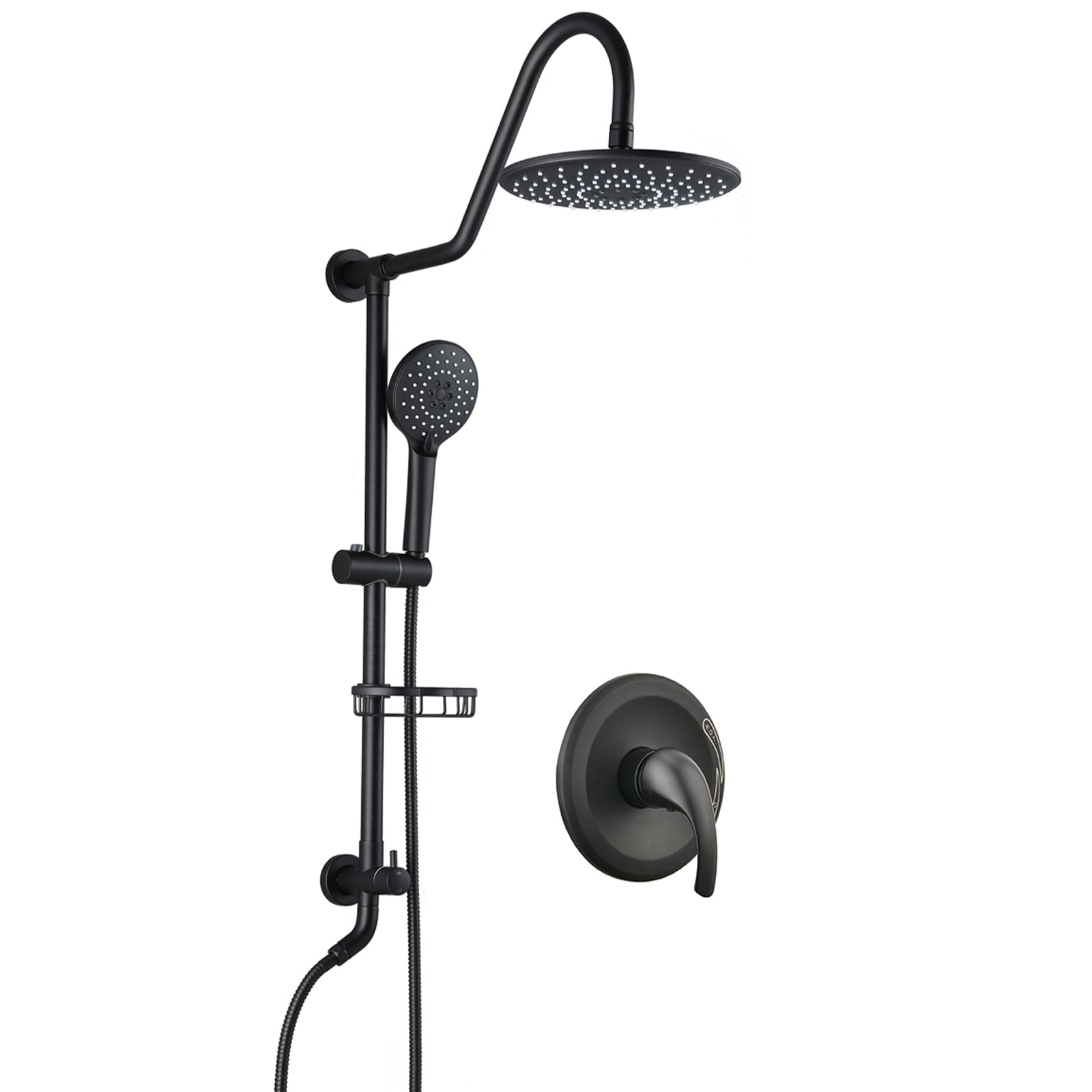 10-Inch Matte Black Shower System with Slide Bar, 3-Function Hand Shower & Soap Dish, Air-Injection Rainfall Shower Combo