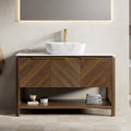 INDIGO 48' Bathroom Vanity&Sink, Freestanding Plywood Storage Cabinet with 3 Diagonal Striped Doors&Open Shelf, Marble Pattern Ceramic Basin&Carrara White Sintered Stone Top, Dark Walnut Woodgrain