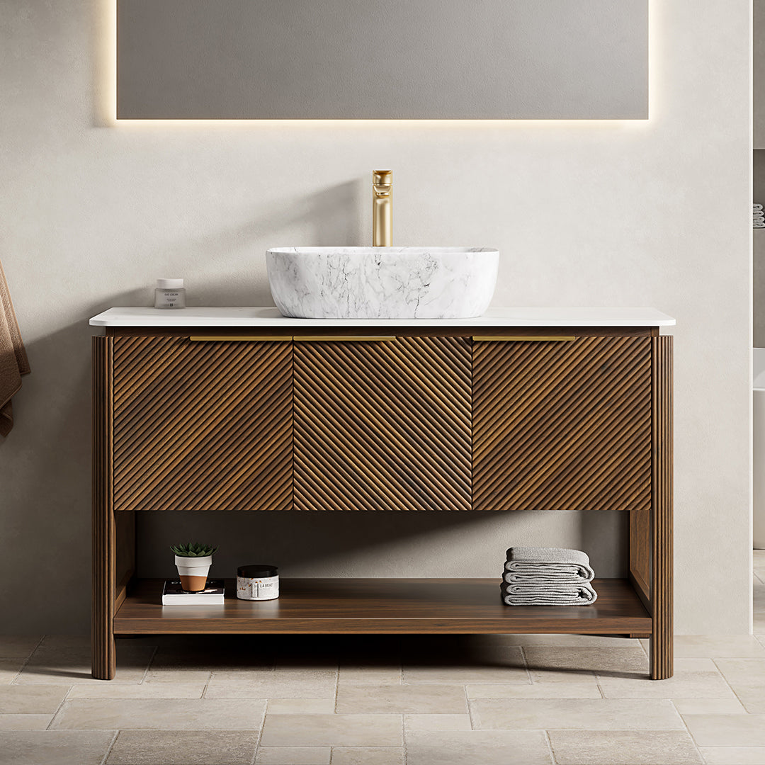 INDIGO 48' Bathroom Vanity&Sink, Freestanding Plywood Storage Cabinet with 3 Diagonal Striped Doors&Open Shelf, Marble Pattern Ceramic Basin&Carrara White Sintered Stone Top, Dark Walnut Woodgrain